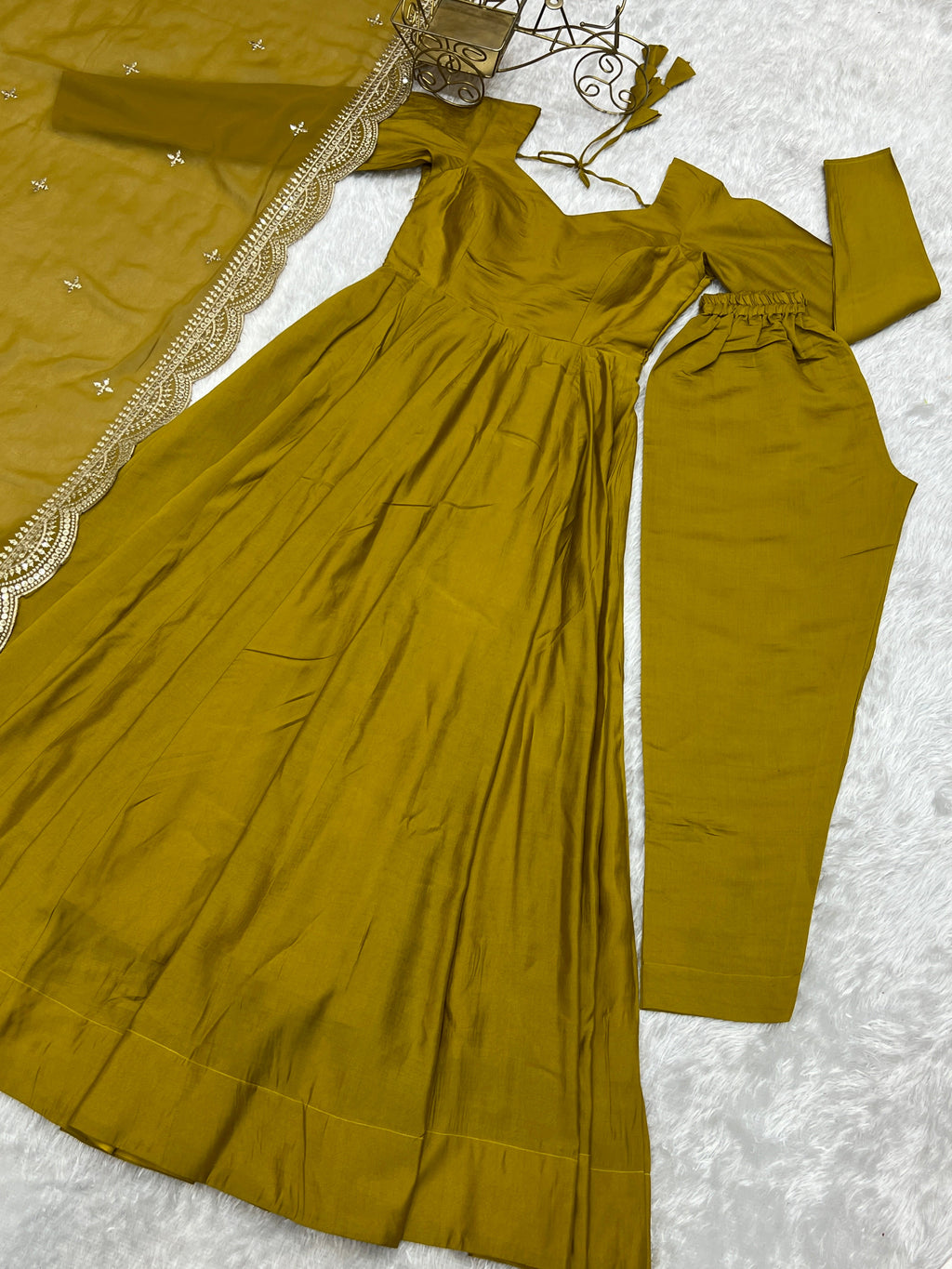 Exquisite Pure Romansilk Chanderi Designer Anarkali Pant Suit - Ethnicwish