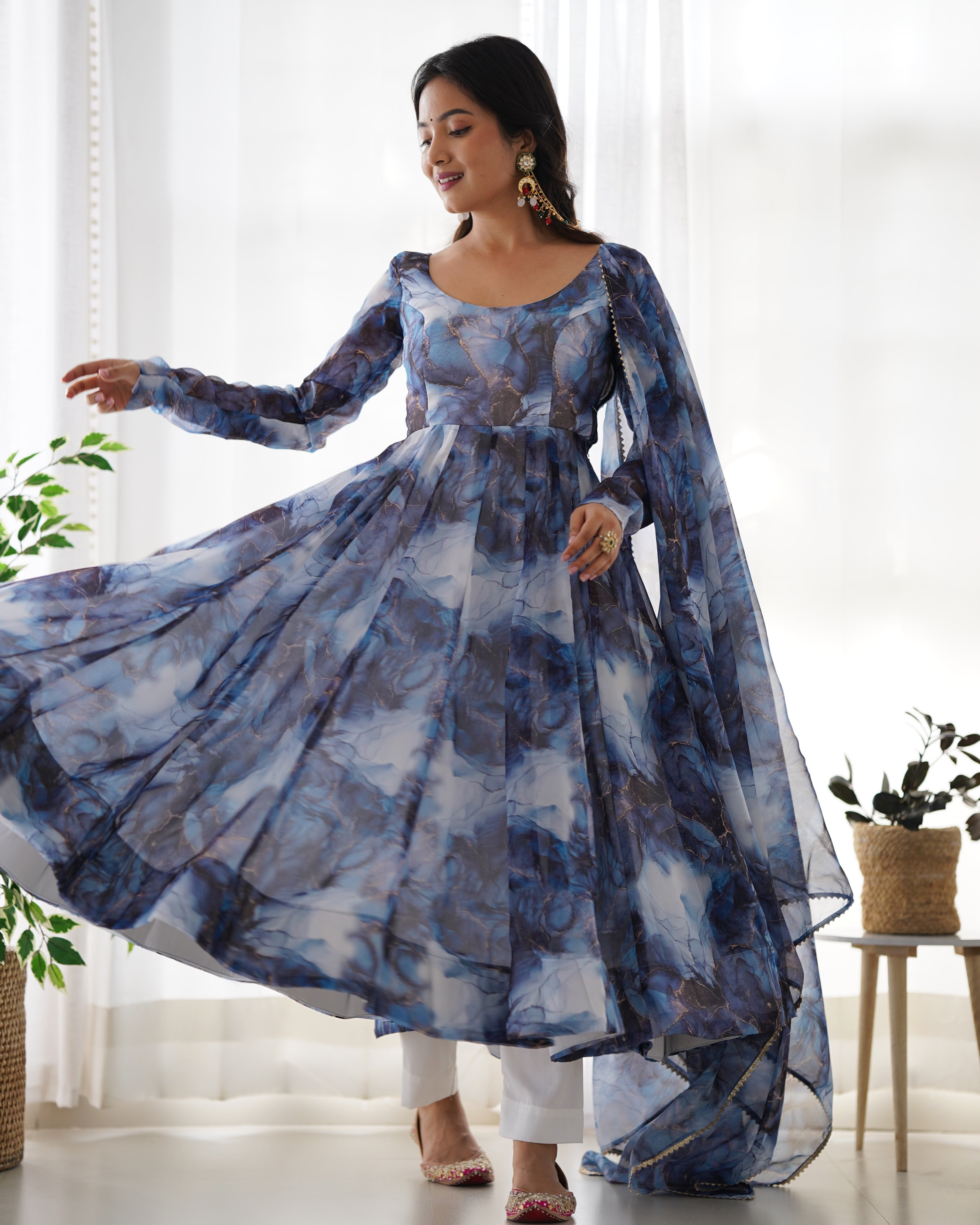 Amazing Soft Organza Silk Marble Print Anarkali Set – Fully Stitched & Ready to Wear - ETHNICDEAL