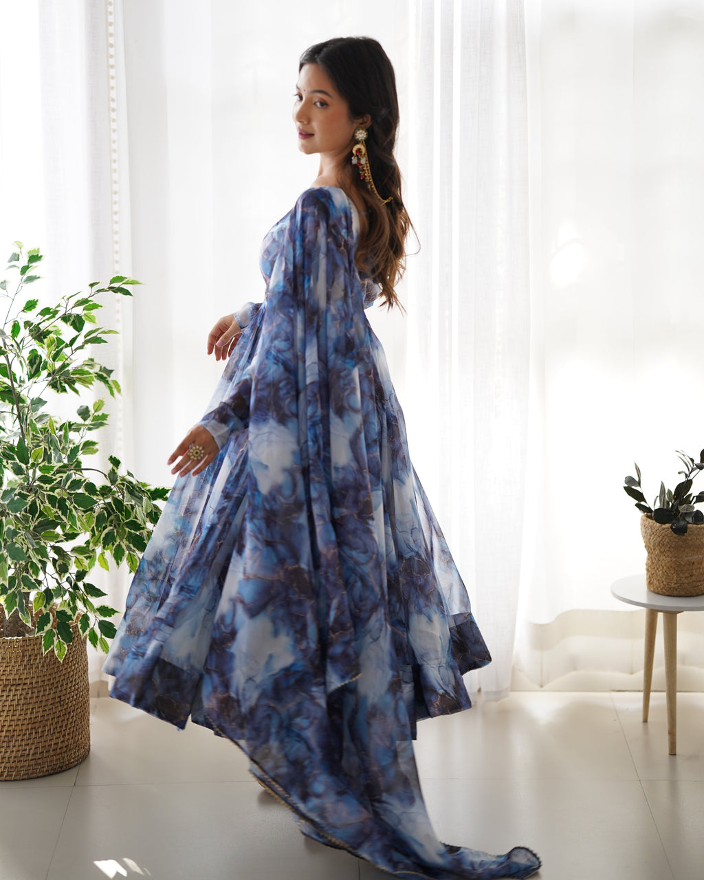 Amazing Soft Organza Silk Marble Print Anarkali Set – Fully Stitched & Ready to Wear - ETHNICDEAL