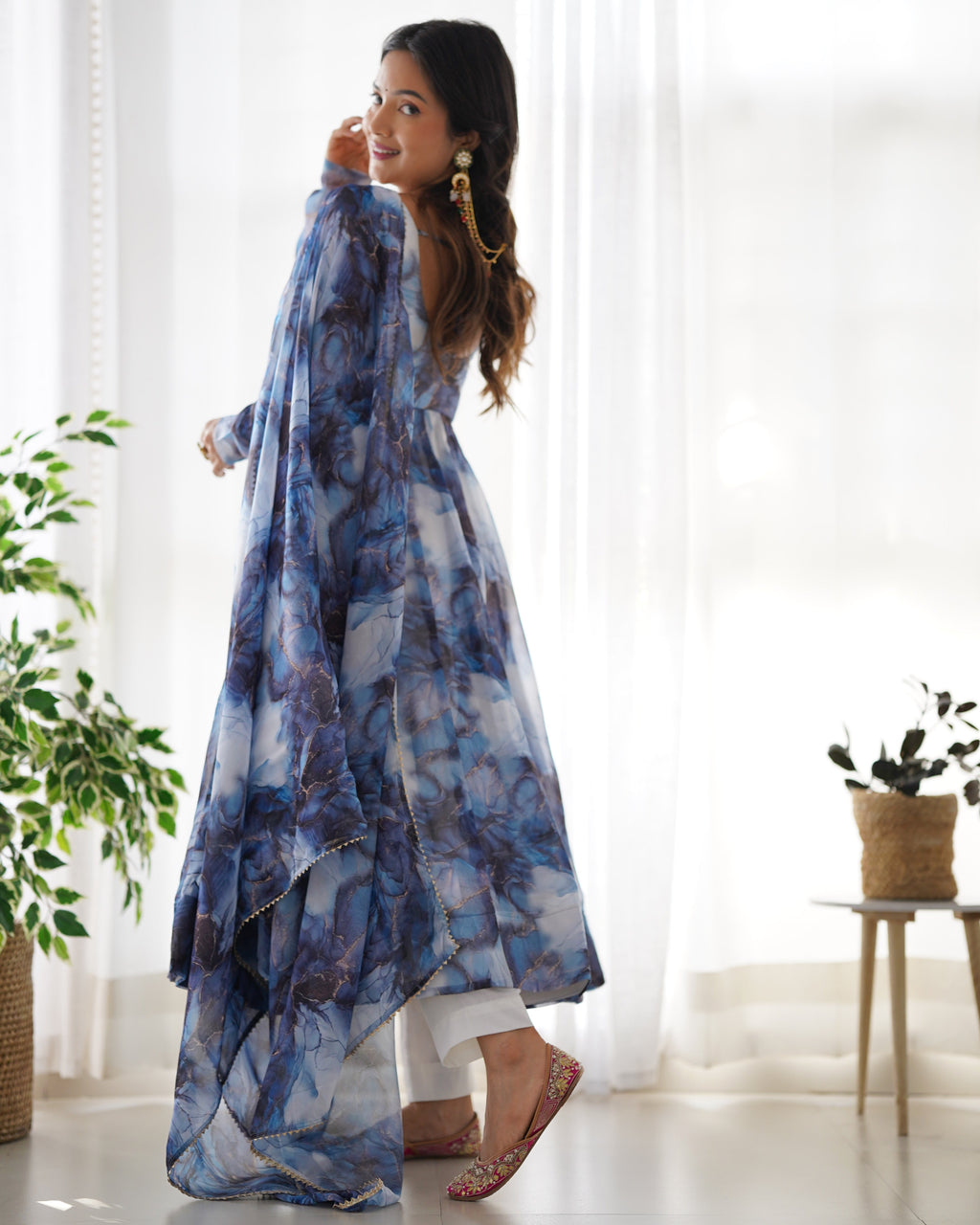 Amazing Soft Organza Silk Marble Print Anarkali Set – Fully Stitched & Ready to Wear - ETHNICDEAL