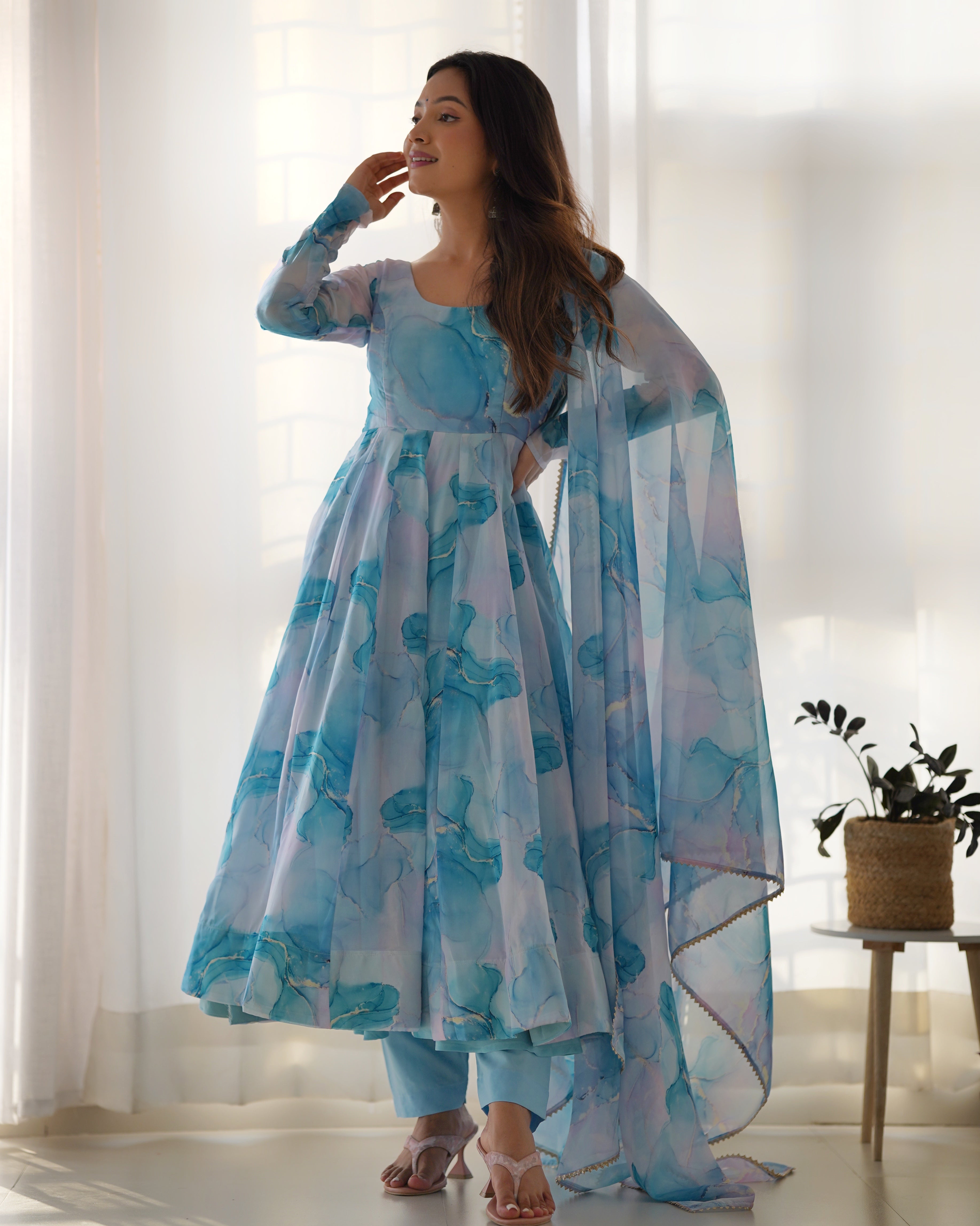 Amazing Soft Organza Silk Marble Print Anarkali Set – Fully Stitched & Ready to Wear - ETHNICDEAL