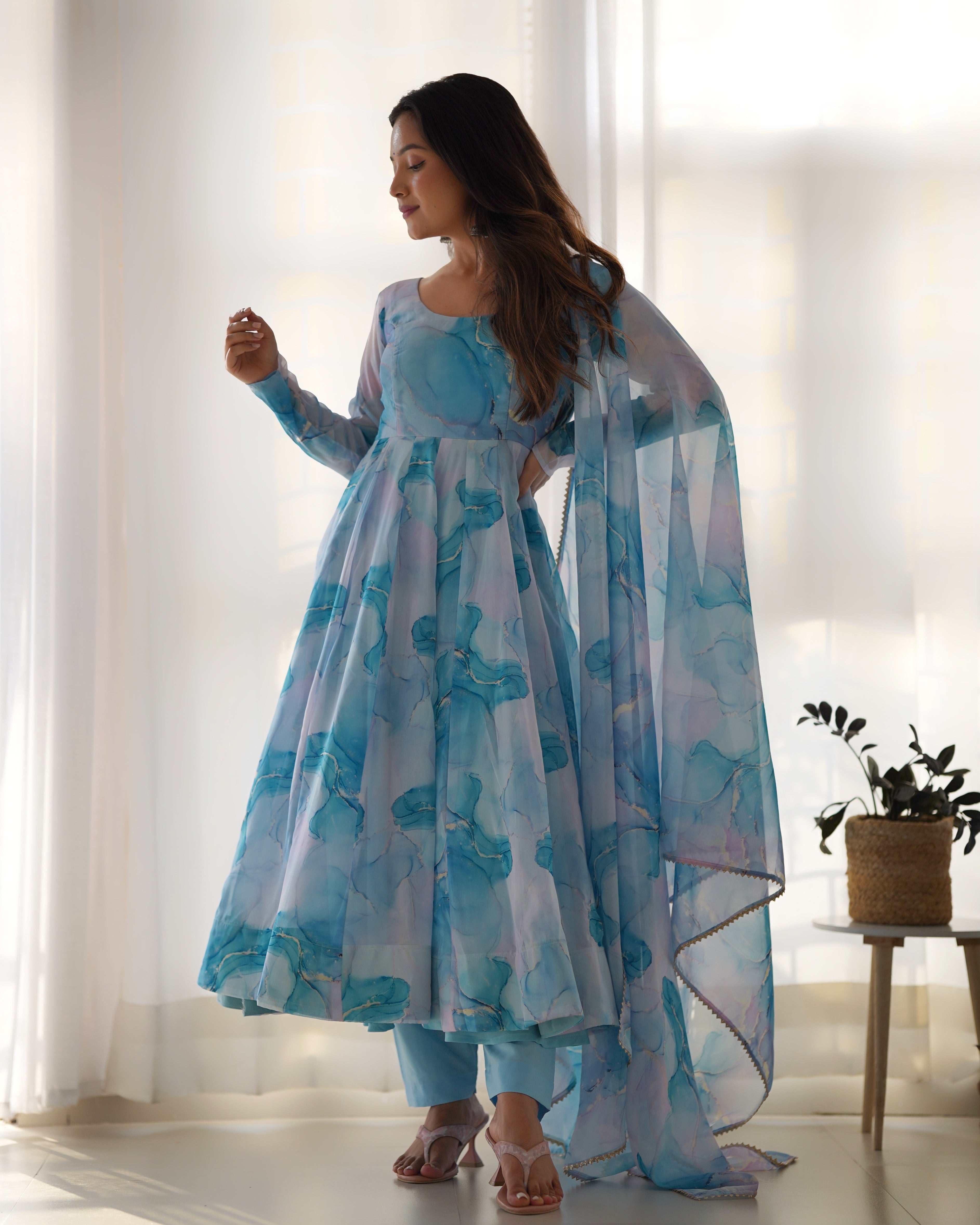 Amazing Soft Organza Silk Marble Print Anarkali Set – Fully Stitched & Ready to Wear - ETHNICDEAL