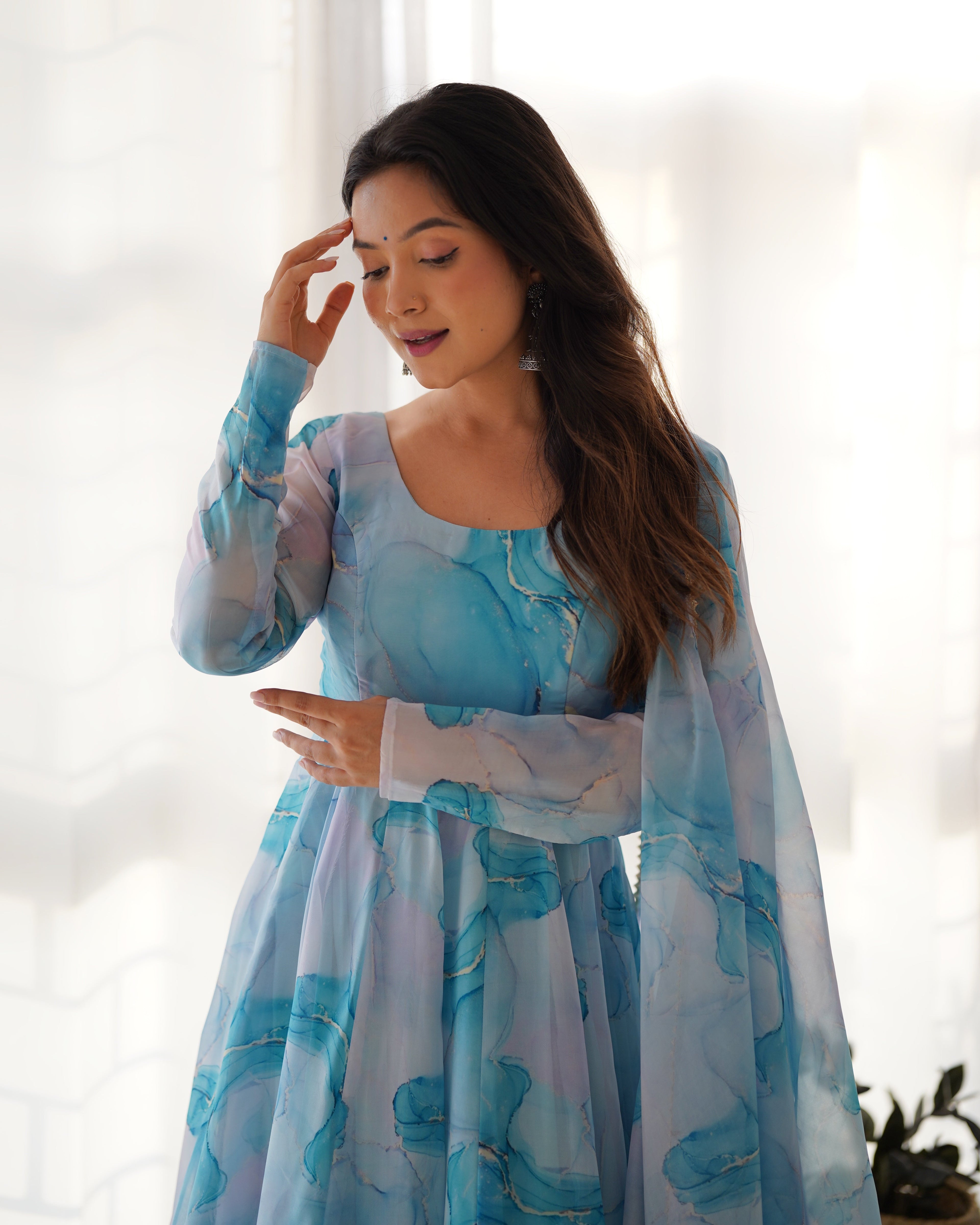 Amazing Soft Organza Silk Marble Print Anarkali Set – Fully Stitched & Ready to Wear - ETHNICDEAL