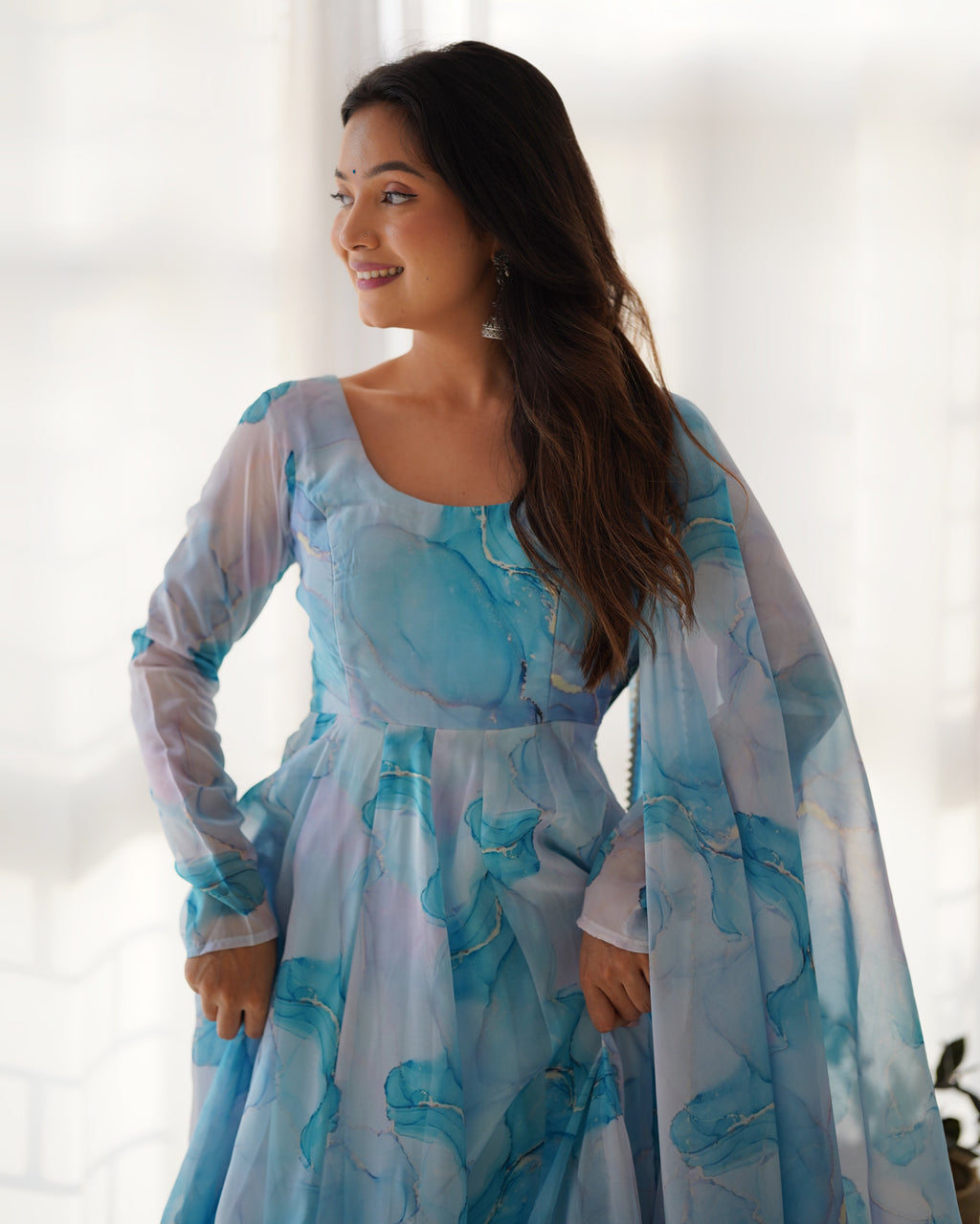 Amazing Soft Organza Silk Marble Print Anarkali Set – Fully Stitched & Ready to Wear - ETHNICDEAL