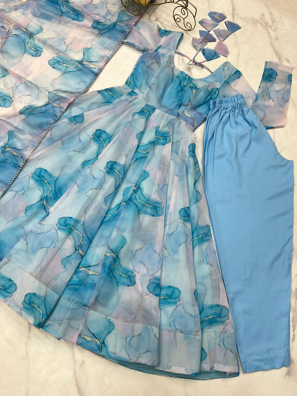 Amazing Soft Organza Silk Marble Print Anarkali Set – Fully Stitched & Ready to Wear - ETHNICDEAL