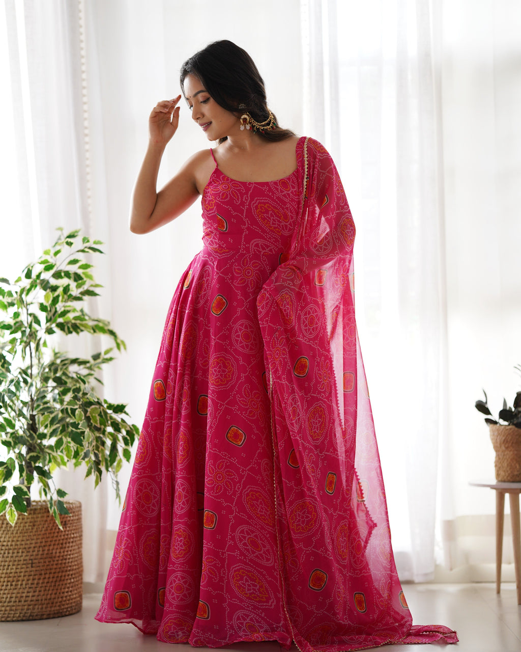 Spectacular Pink Chiffon Bandhej Printed Stitched Anarkali Pant Suit - Ethnicwish