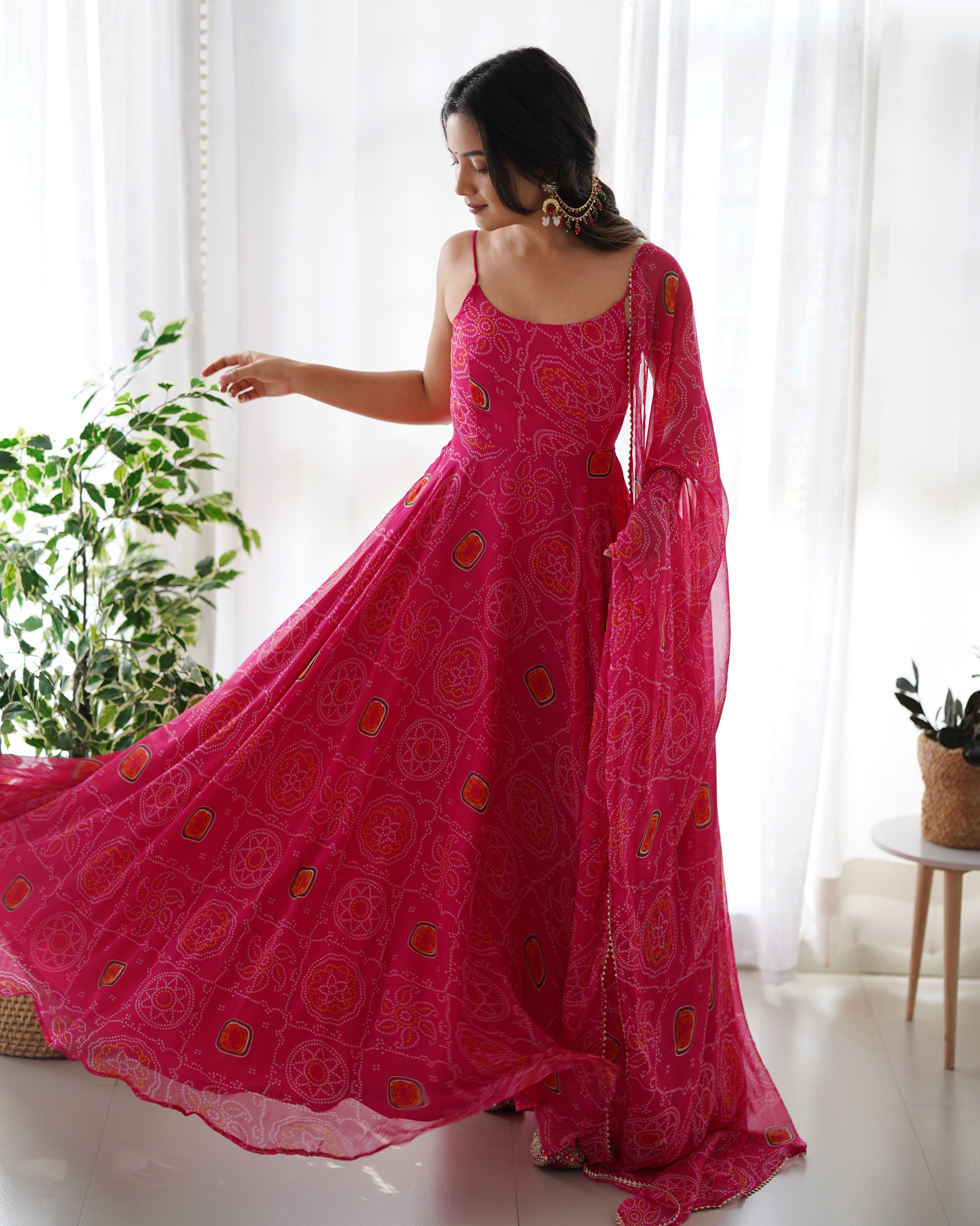 Spectacular Pink Chiffon Bandhej Printed Stitched Anarkali Pant Suit - Ethnicwish