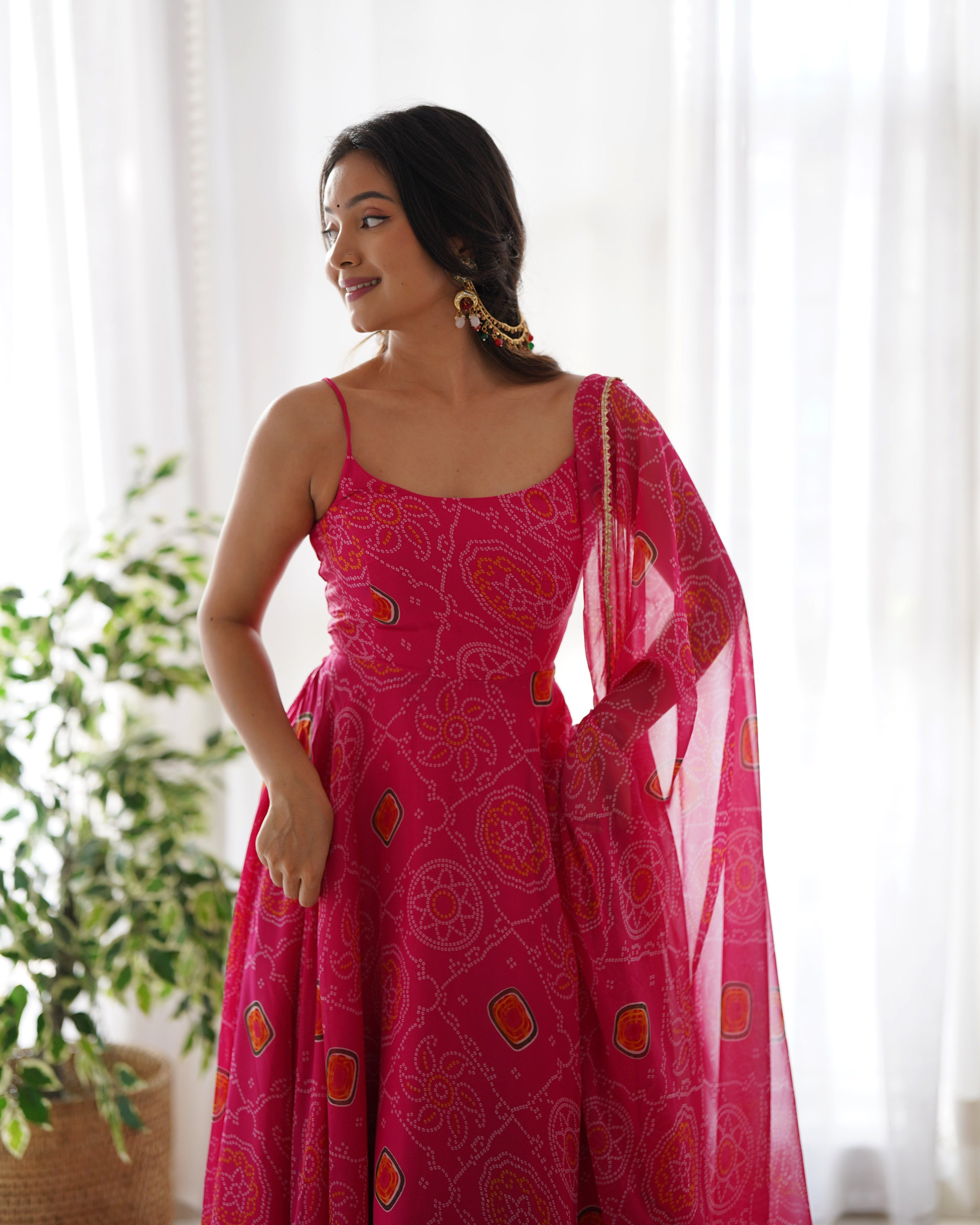 Spectacular Pink Chiffon Bandhej Printed Stitched Anarkali Pant Suit - Ethnicwish