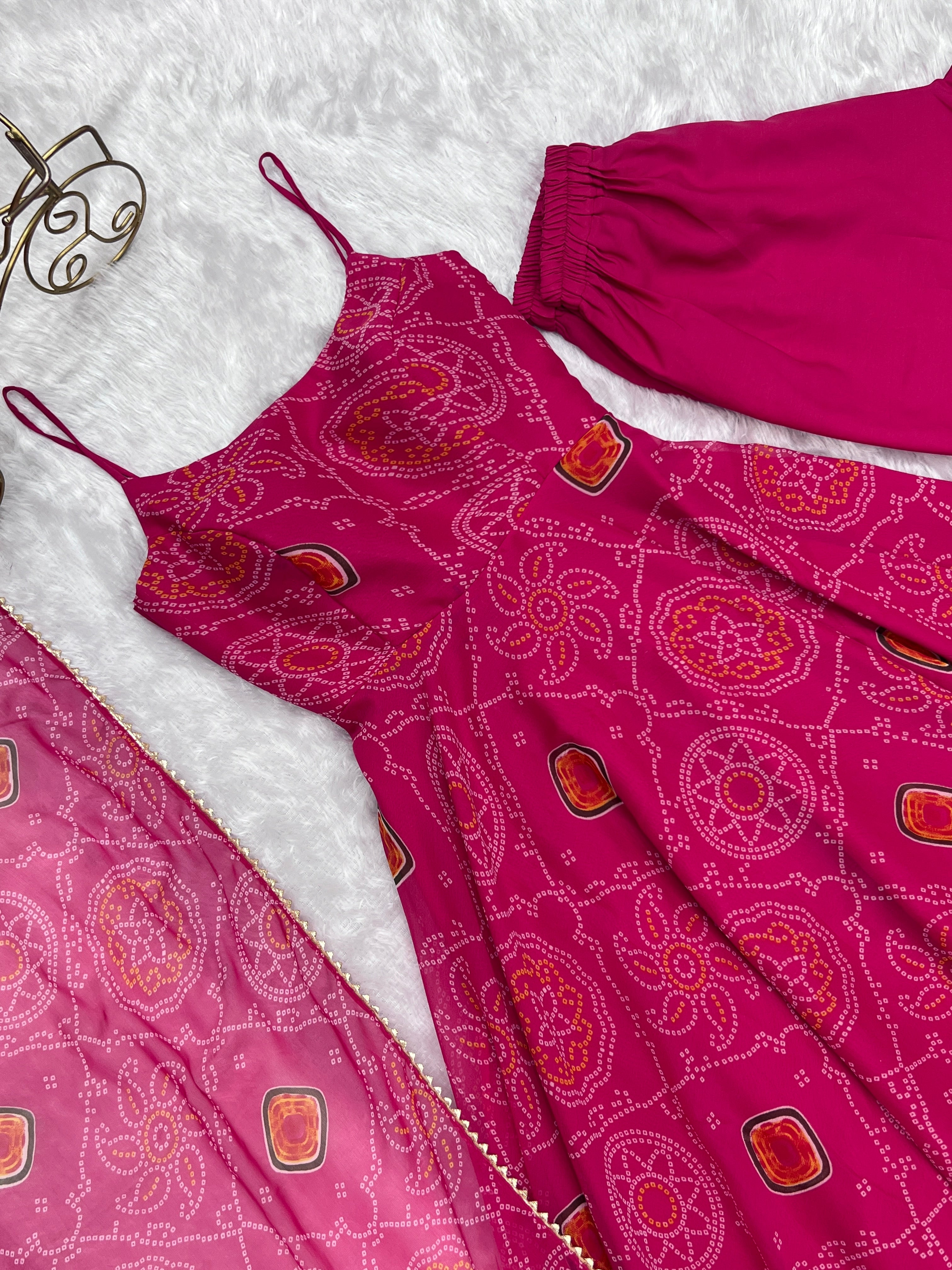 Spectacular Pink Chiffon Bandhej Printed Stitched Anarkali Pant Suit - Ethnicwish