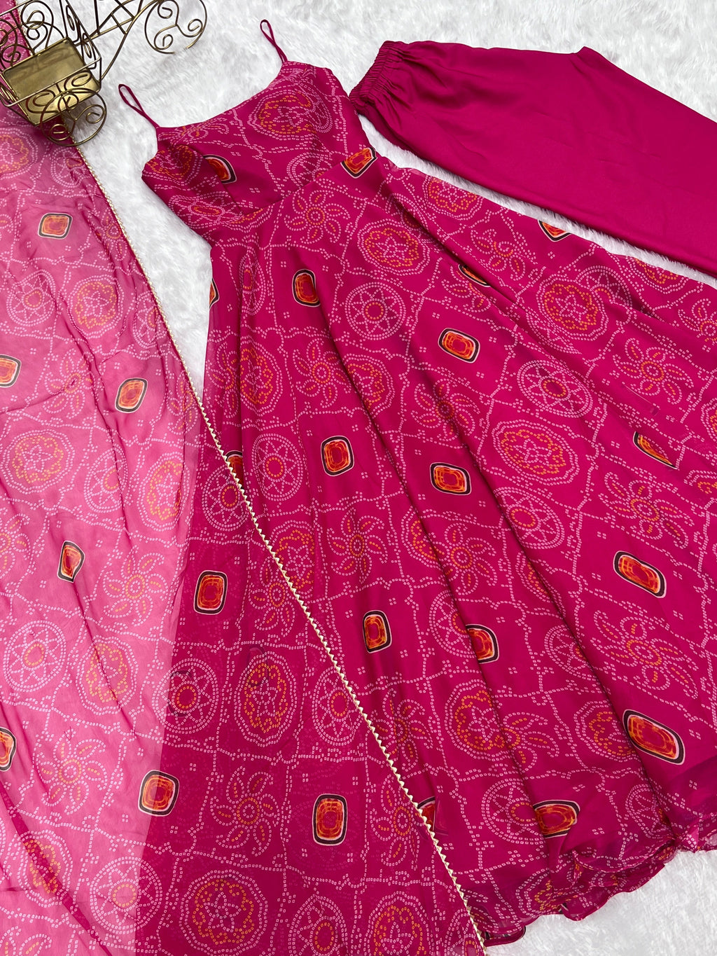 Spectacular Pink Chiffon Bandhej Printed Stitched Anarkali Pant Suit - Ethnicwish