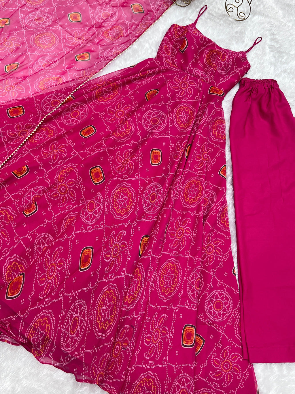 Spectacular Pink Chiffon Bandhej Printed Stitched Anarkali Pant Suit - Ethnicwish