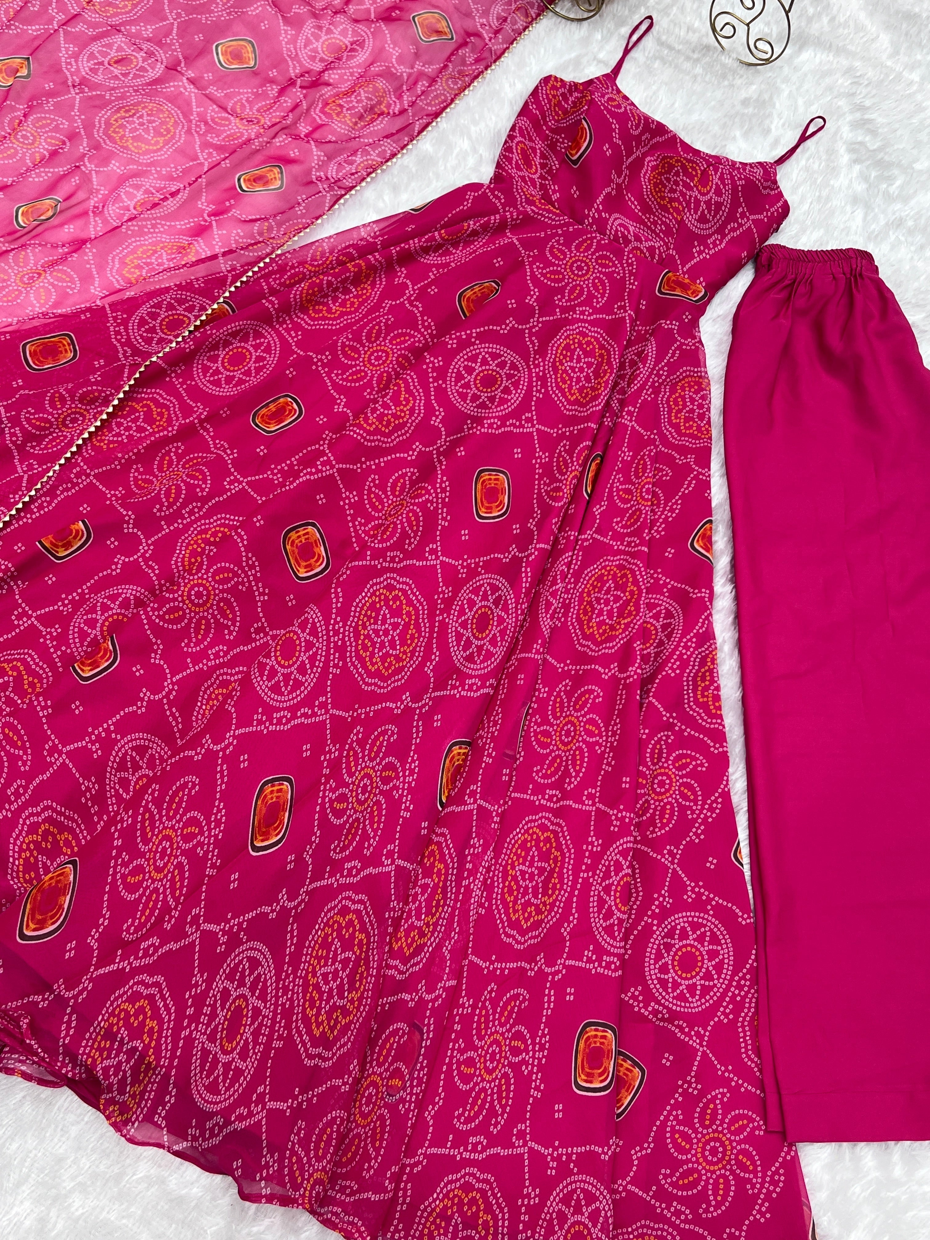Spectacular Pink Chiffon Bandhej Printed Stitched Anarkali Pant Suit - Ethnicwish