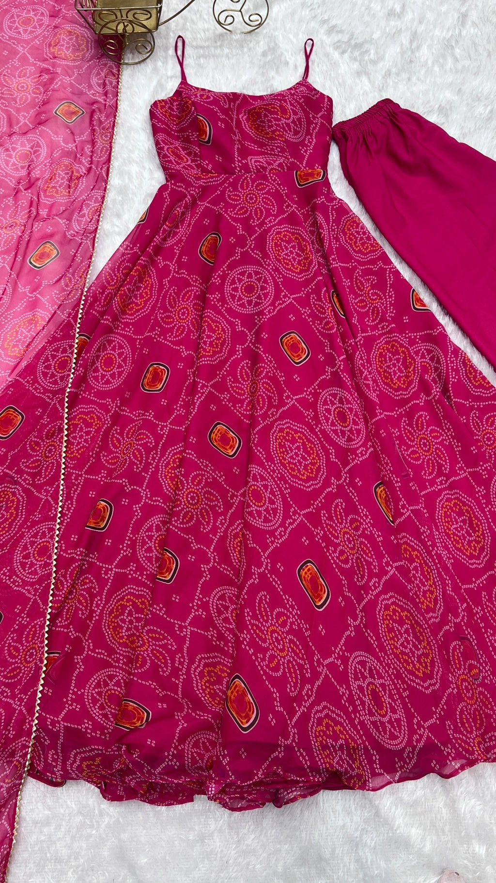 Spectacular Pink Chiffon Bandhej Printed Stitched Anarkali Pant Suit - Ethnicwish