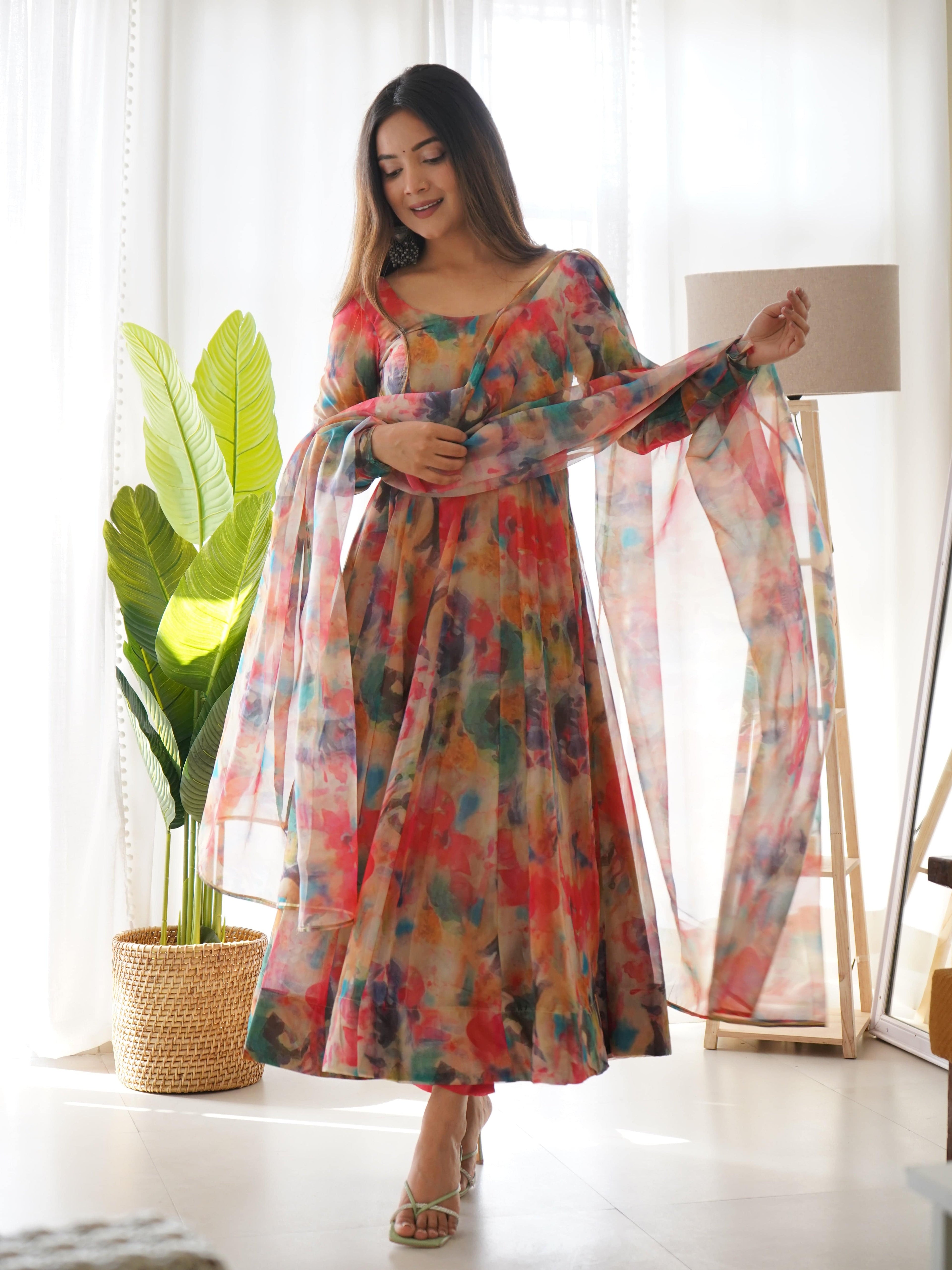 Elegant Soft Organza Silk Floral Designer Anarkali Pant Suit - Ethnicwish