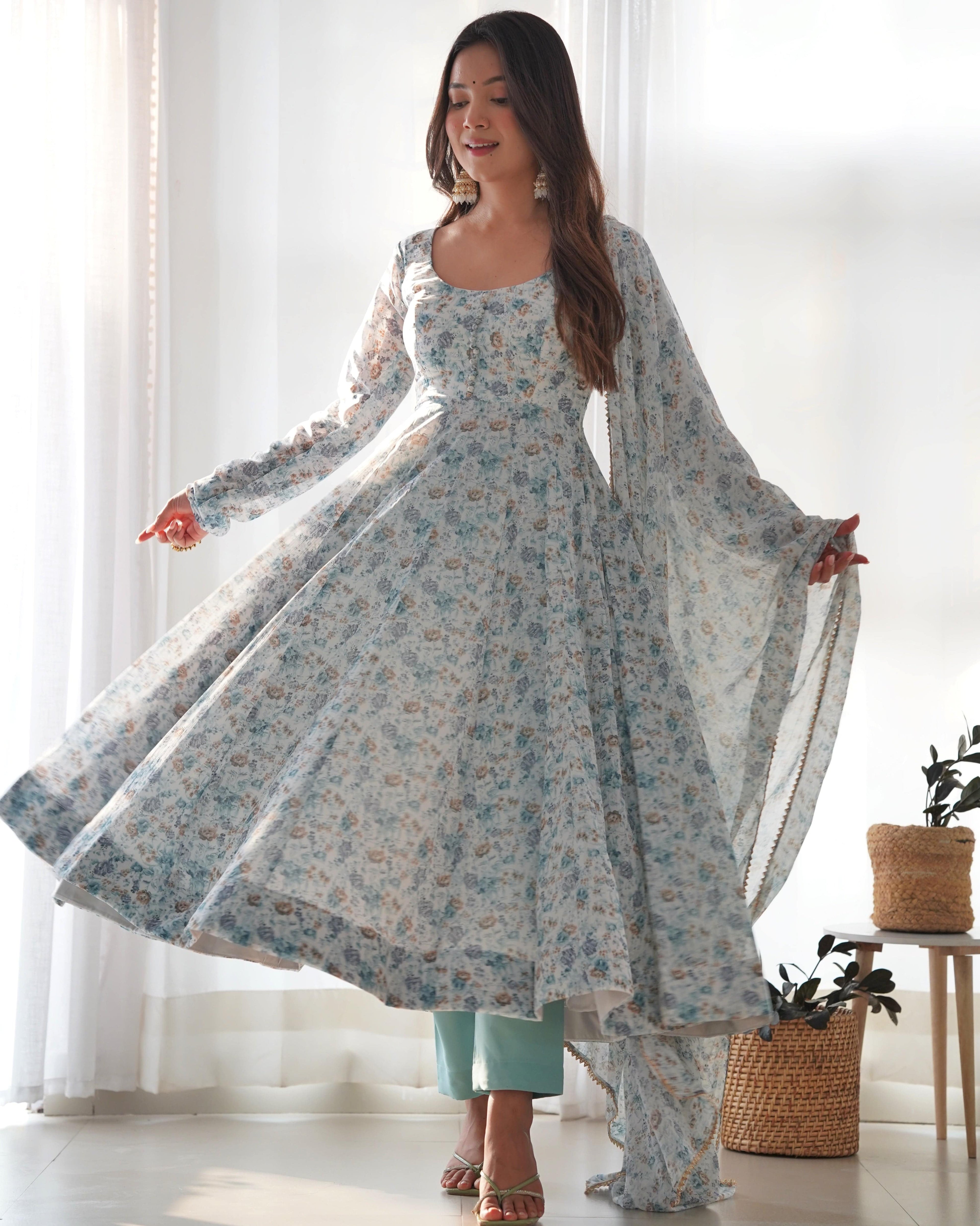 Exquisite Chiffon Floral Digital Printed Fully Stitched Anarkali Pant Suit - Ethnicwish