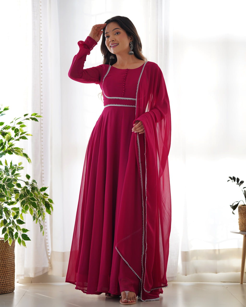 Fetching Faux Georgette Fancy Neck Anarkali Pant Suit - Ethnicwish