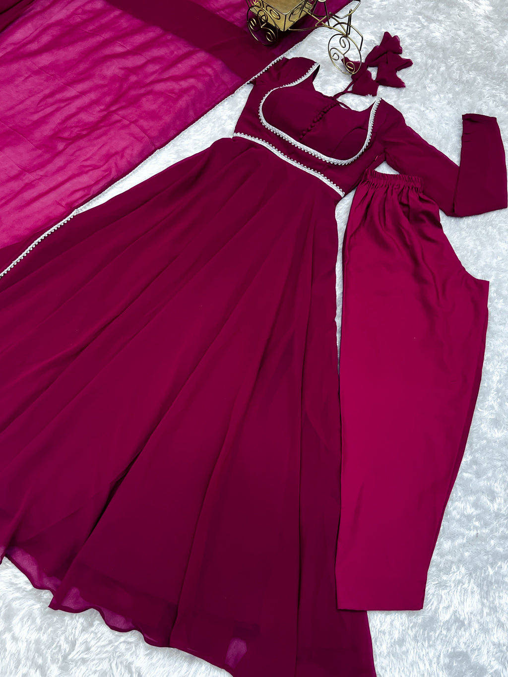 Fetching Faux Georgette Fancy Neck Anarkali Pant Suit - Ethnicwish