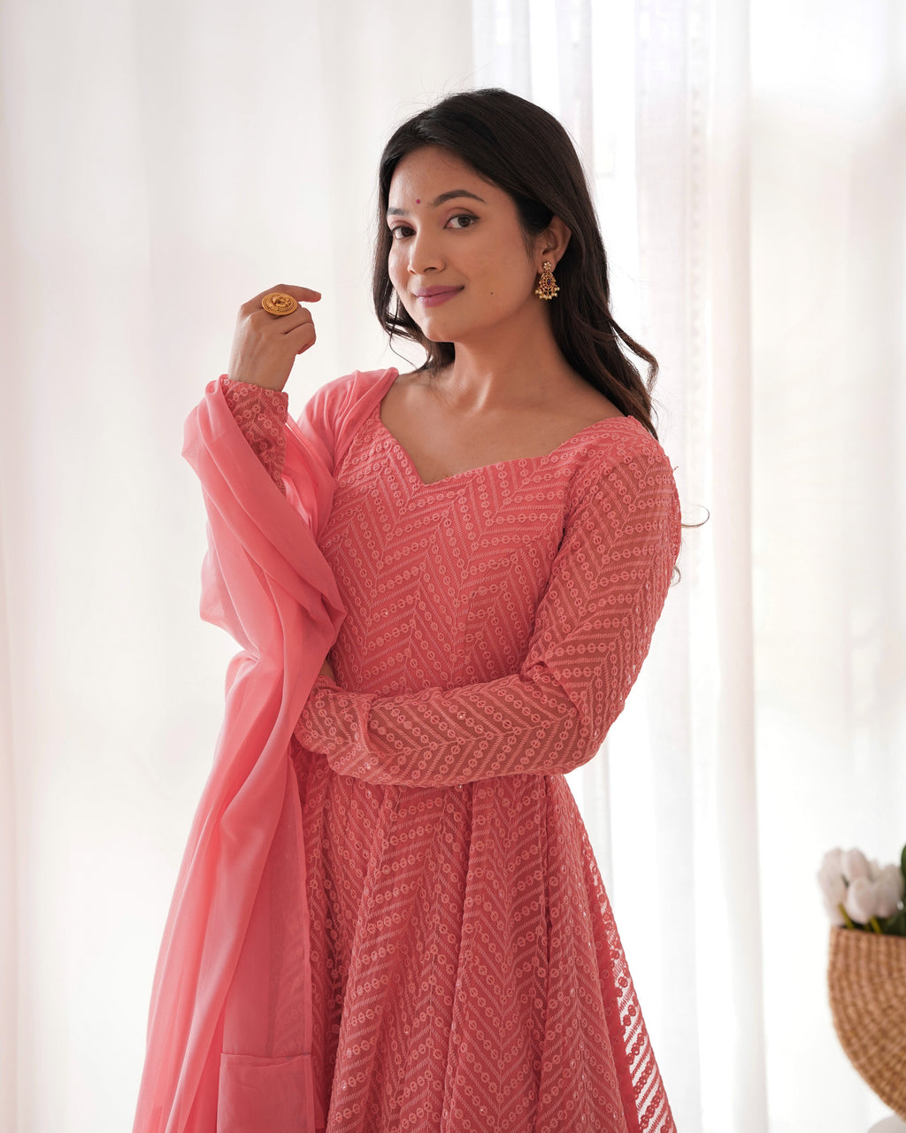 Arresting Pure Soft Georgette Lucknowi Sequins Embroidered Anarkali Pant Suit - ETHNICDEAL