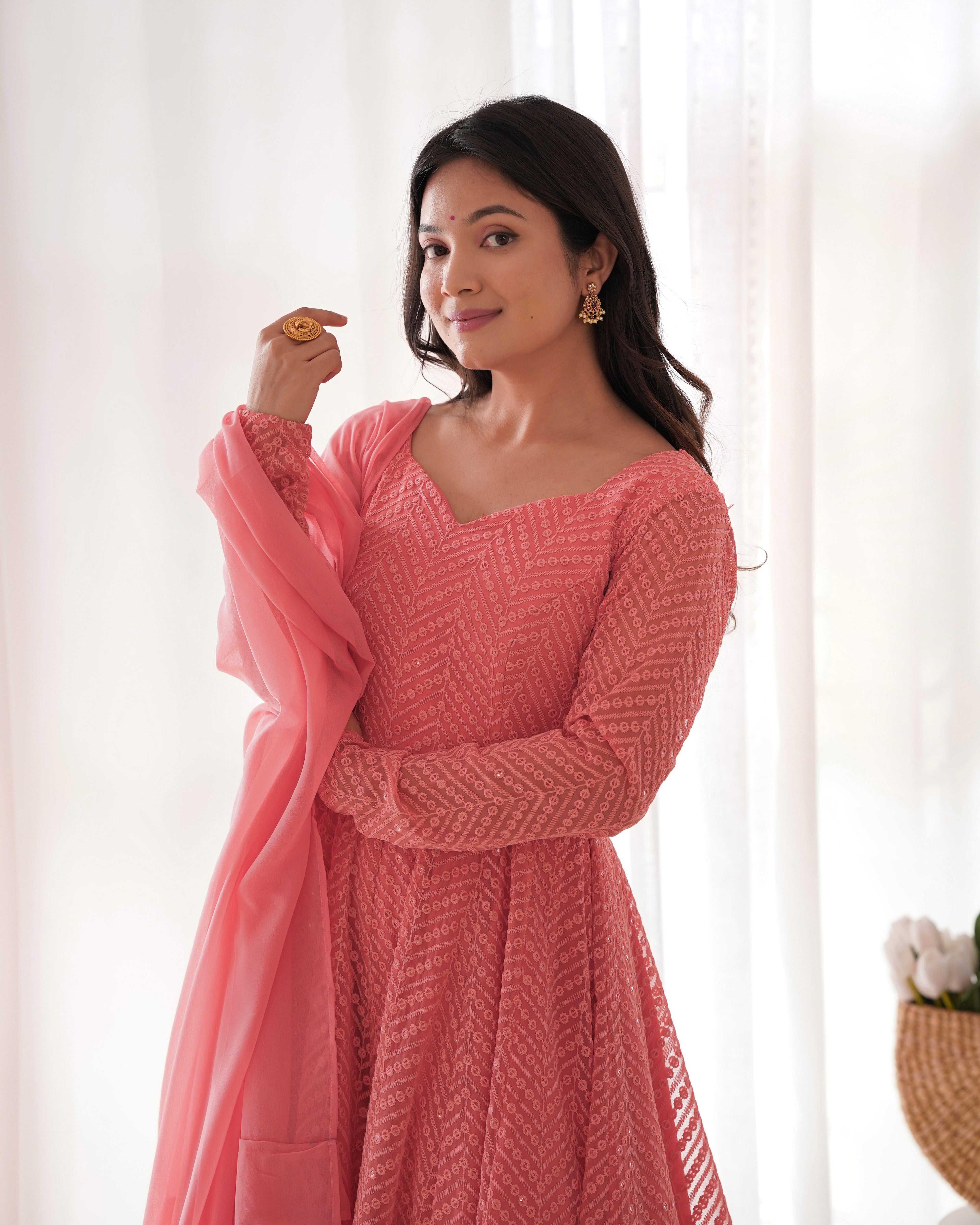 Arresting Pure Soft Georgette Lucknowi Sequins Embroidered Anarkali Pant Suit - ETHNICDEAL