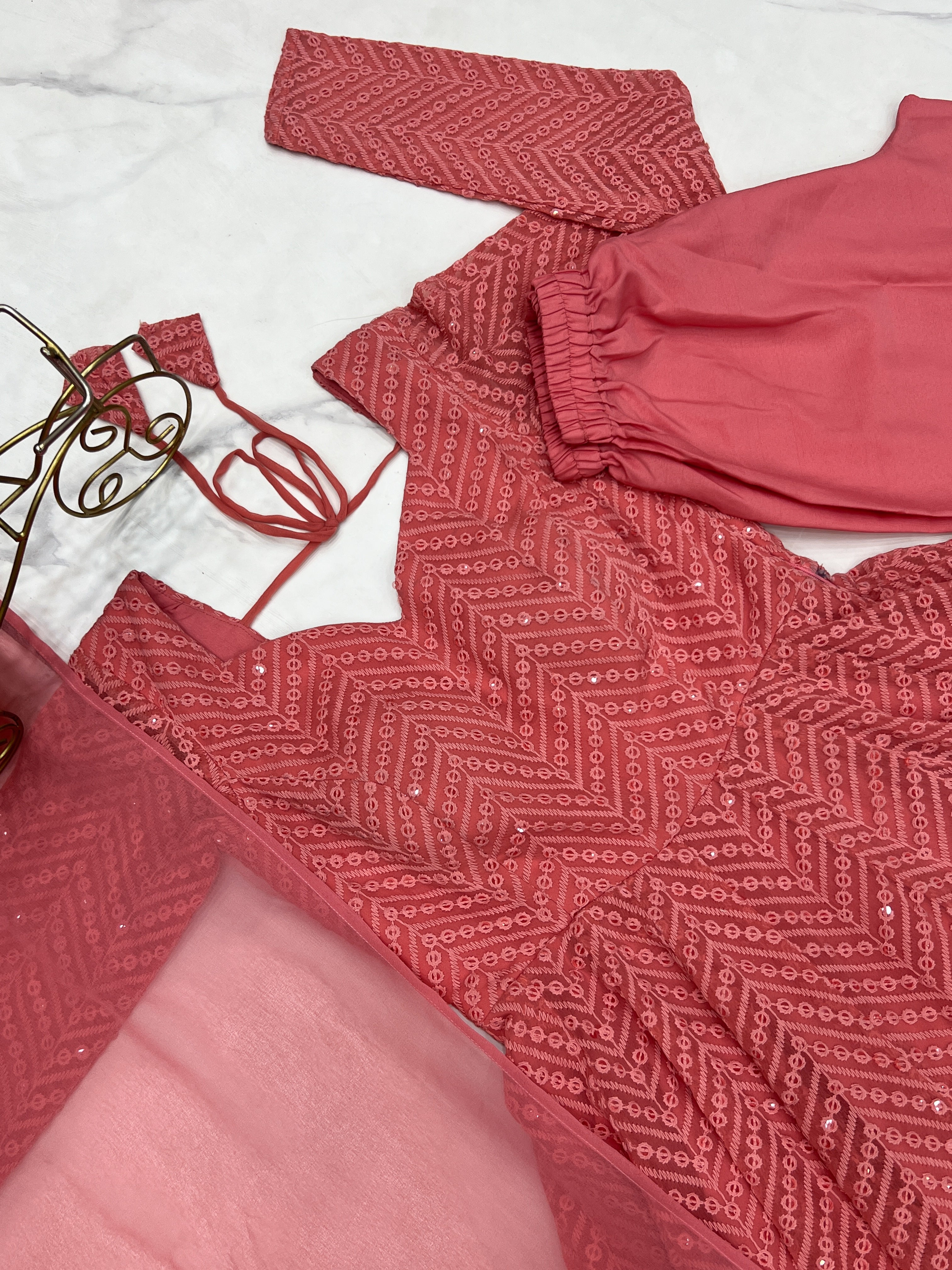 Arresting Pure Soft Georgette Lucknowi Sequins Embroidered Anarkali Pant Suit - ETHNICDEAL