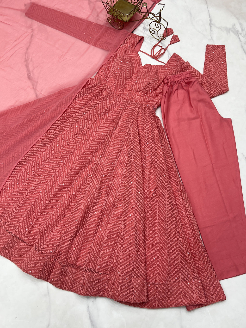 Arresting Pure Soft Georgette Lucknowi Sequins Embroidered Anarkali Pant Suit - ETHNICDEAL