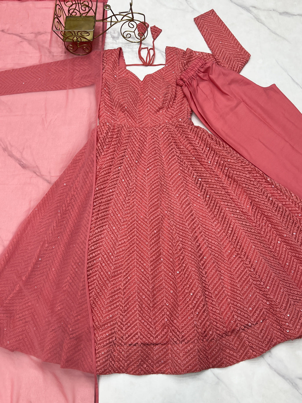 Arresting Pure Soft Georgette Lucknowi Sequins Embroidered Anarkali Pant Suit - ETHNICDEAL