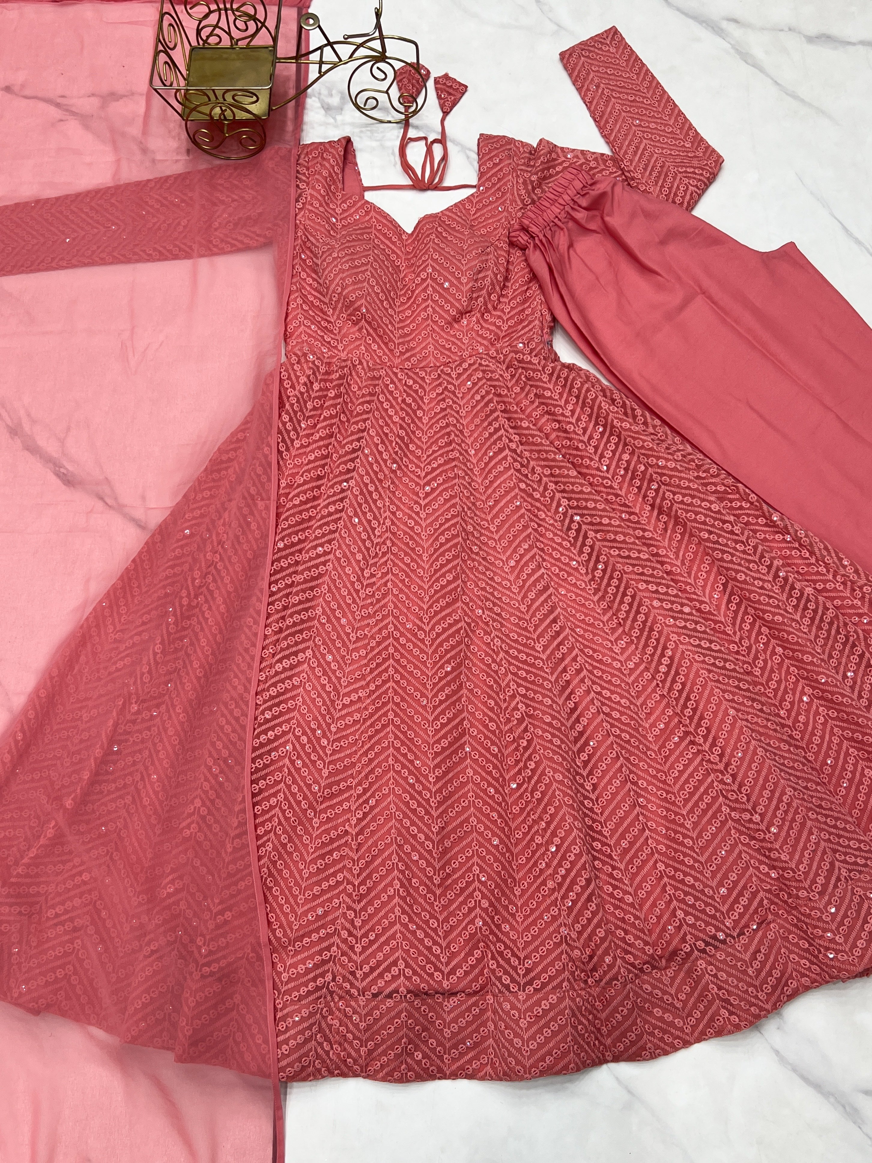 Arresting Pure Soft Georgette Lucknowi Sequins Embroidered Anarkali Pant Suit - ETHNICDEAL