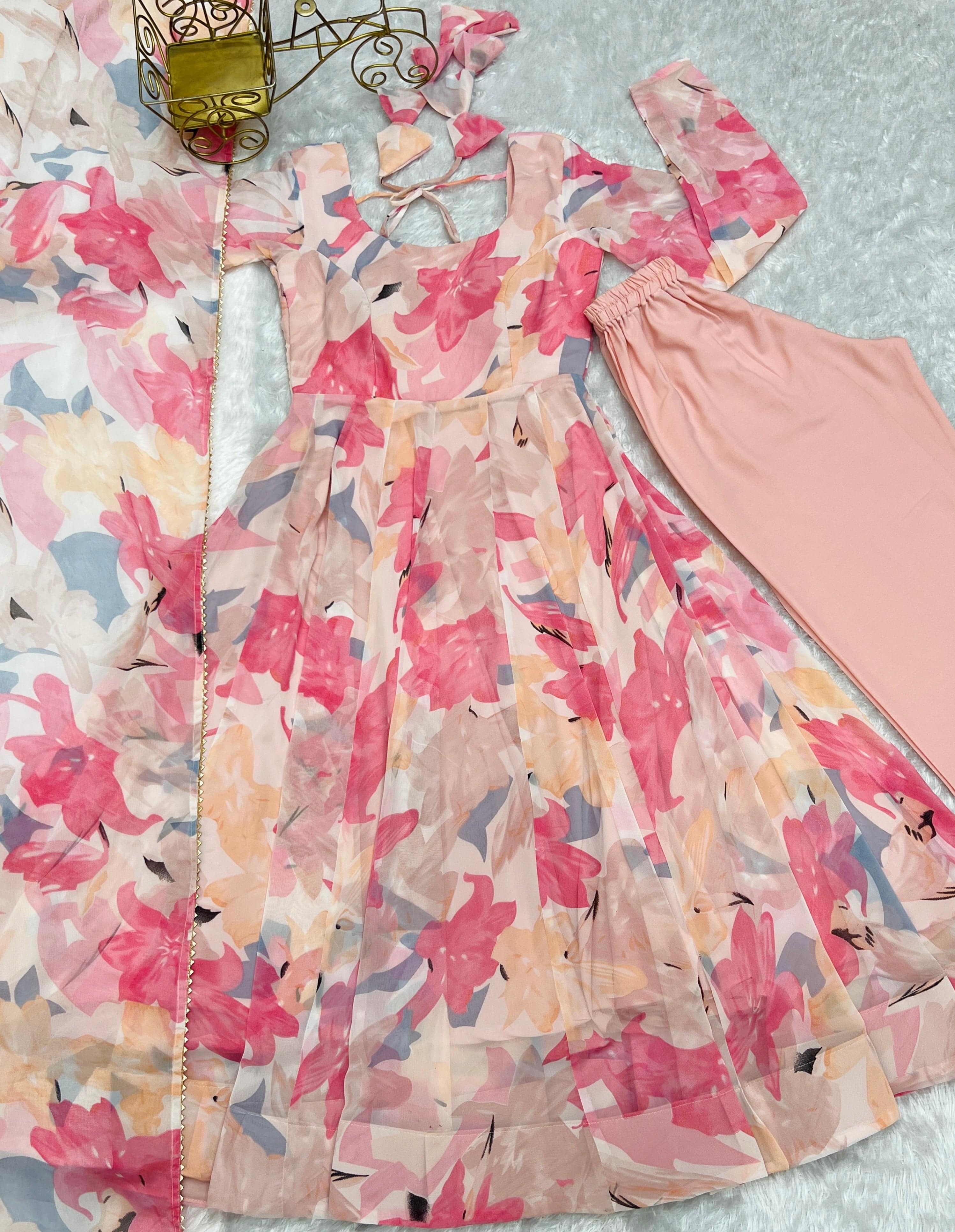 Bewitching Faux Georgette Printed Designer Anarkali Pant Suit - Ethnicwish