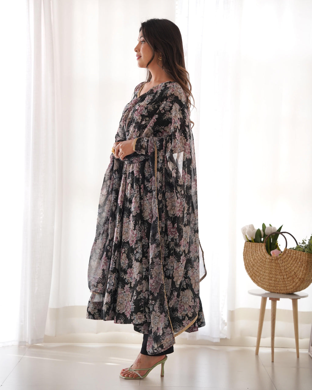 Captivating Black Floral Printed Fully Stitched Designer Anarkali Pant Suit - Ethnicwish