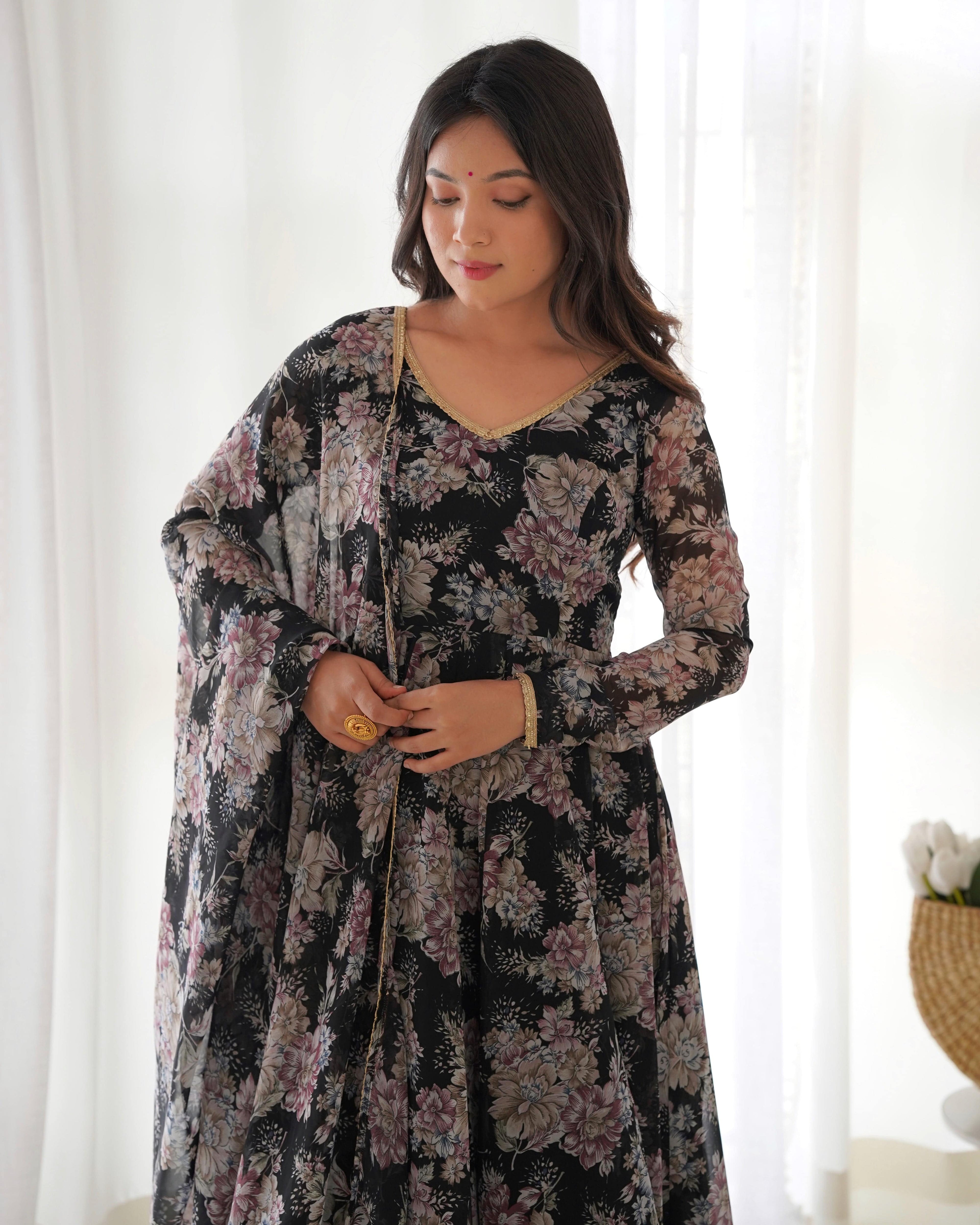 Captivating Black Floral Printed Fully Stitched Designer Anarkali Pant Suit - Ethnicwish