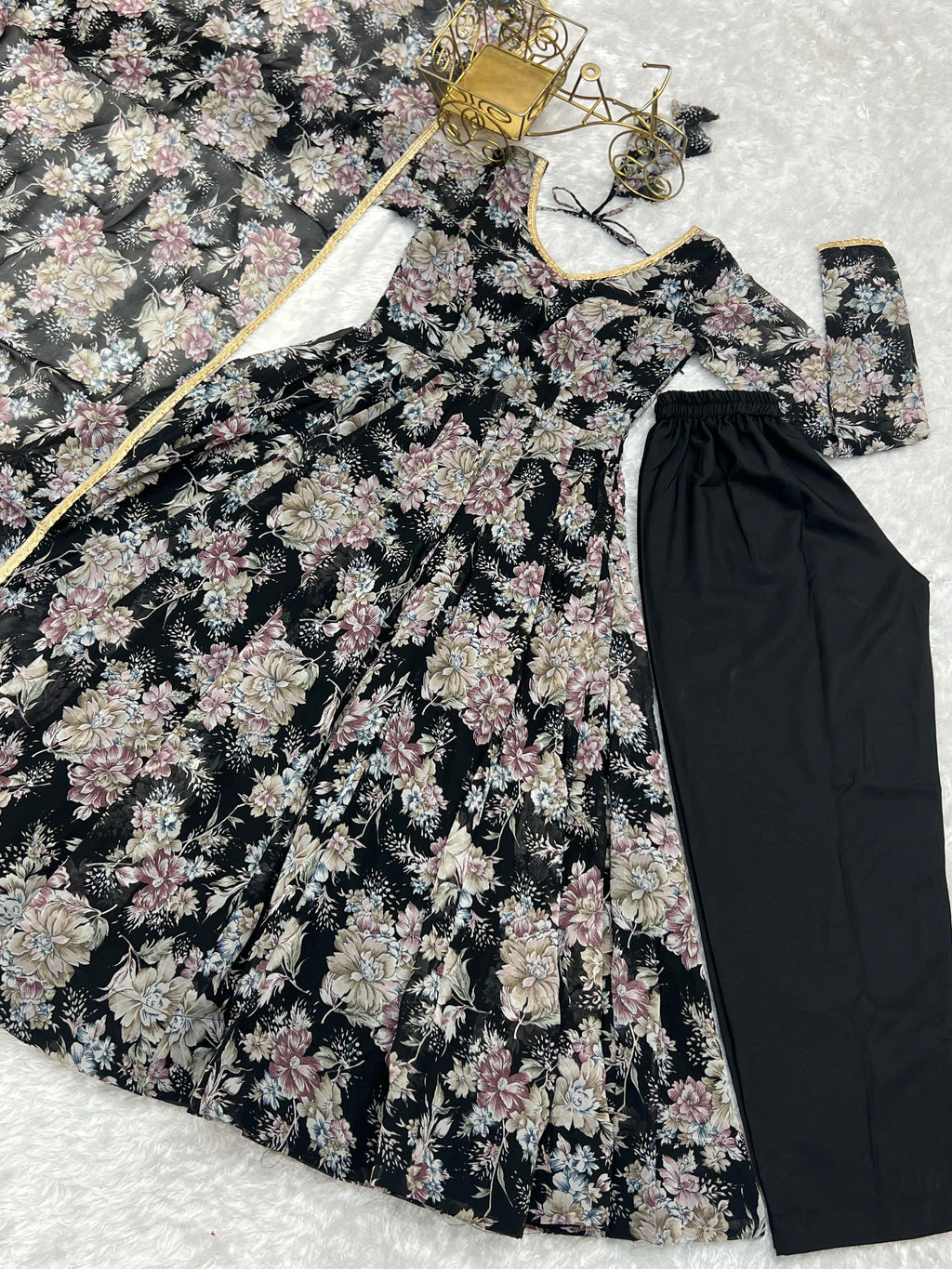 Captivating Black Floral Printed Fully Stitched Designer Anarkali Pant Suit - Ethnicwish