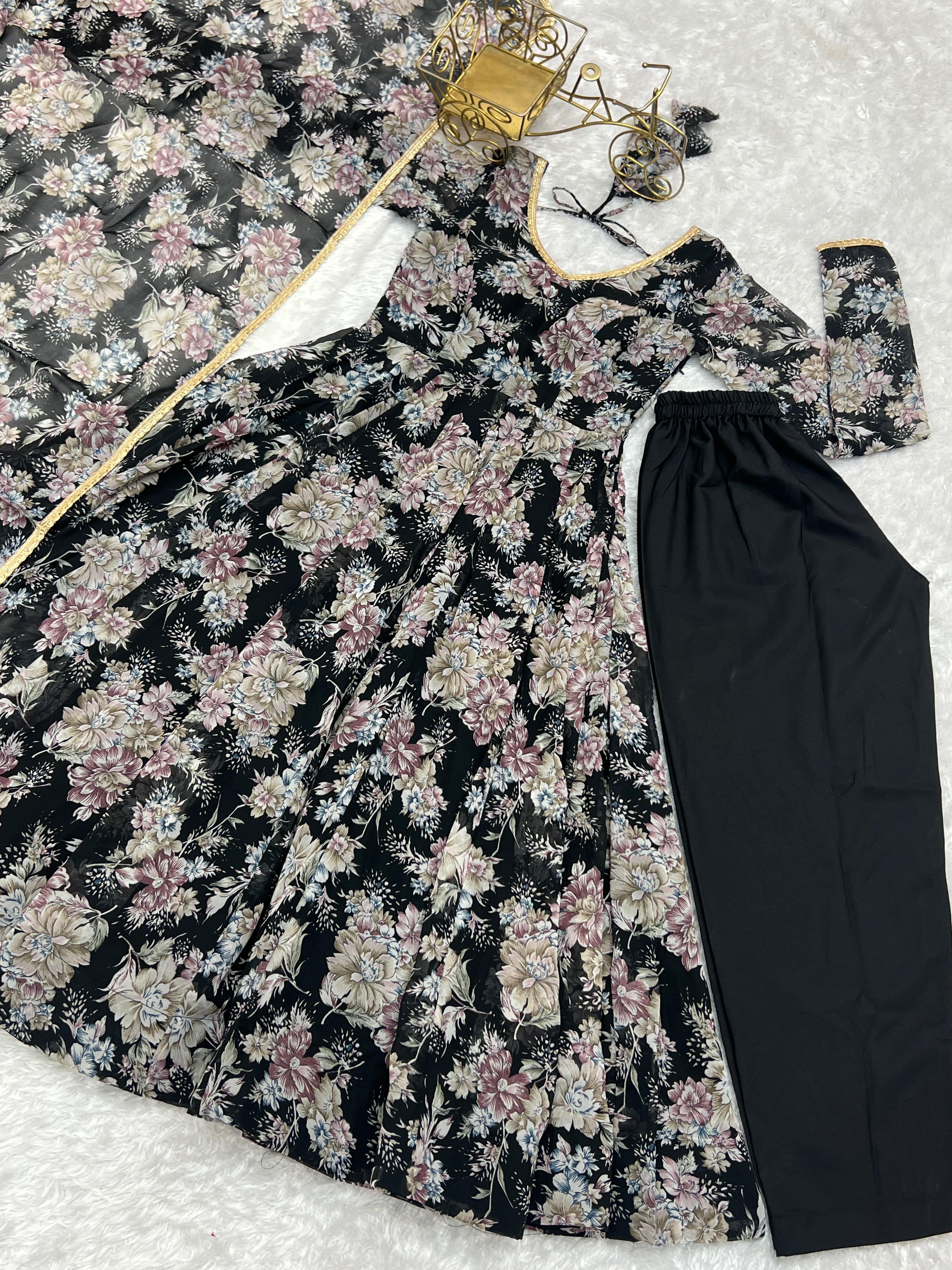 Captivating Black Floral Printed Fully Stitched Designer Anarkali Pant Suit - Ethnicwish