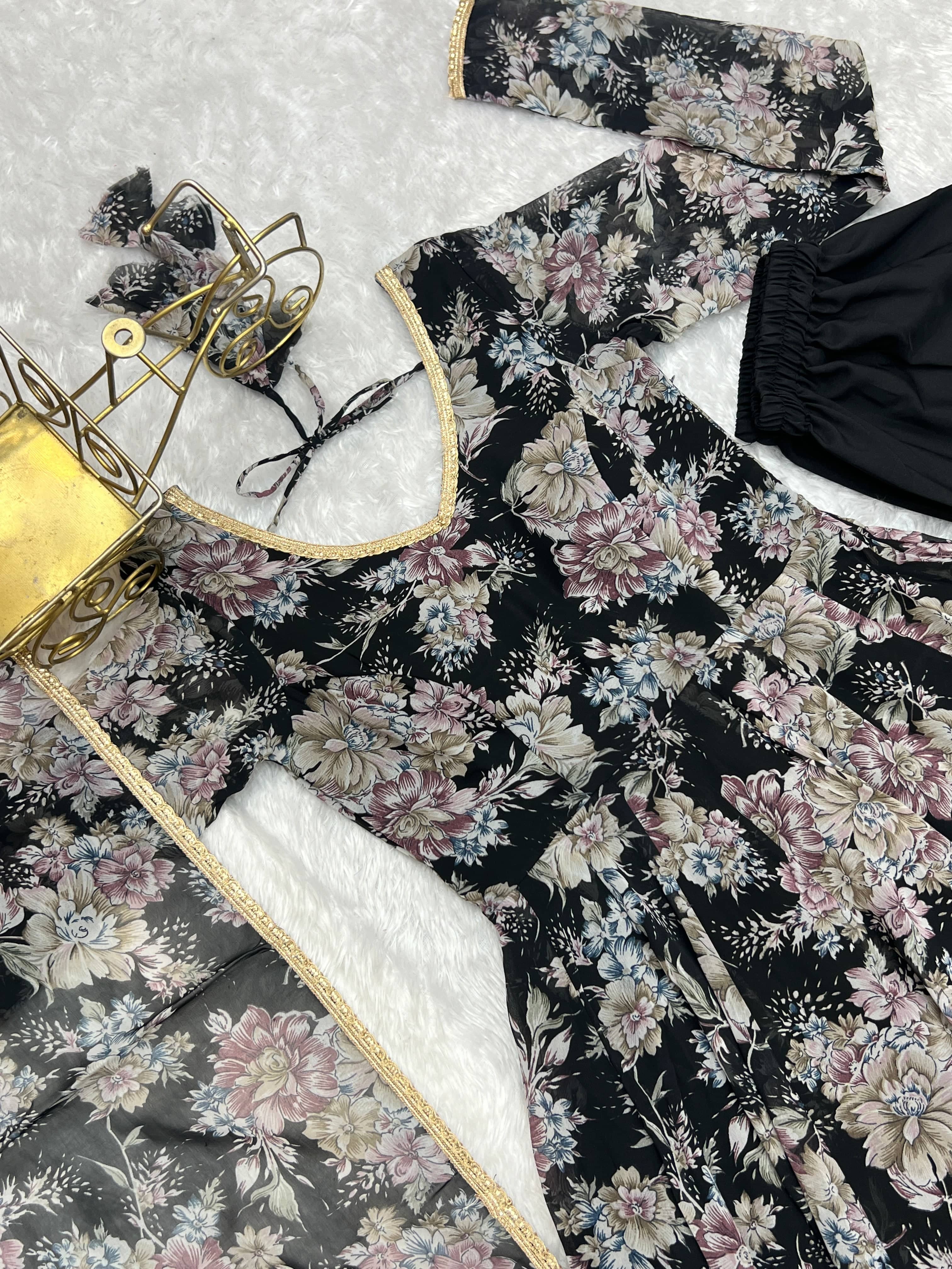 Captivating Black Floral Printed Fully Stitched Designer Anarkali Pant Suit - Ethnicwish