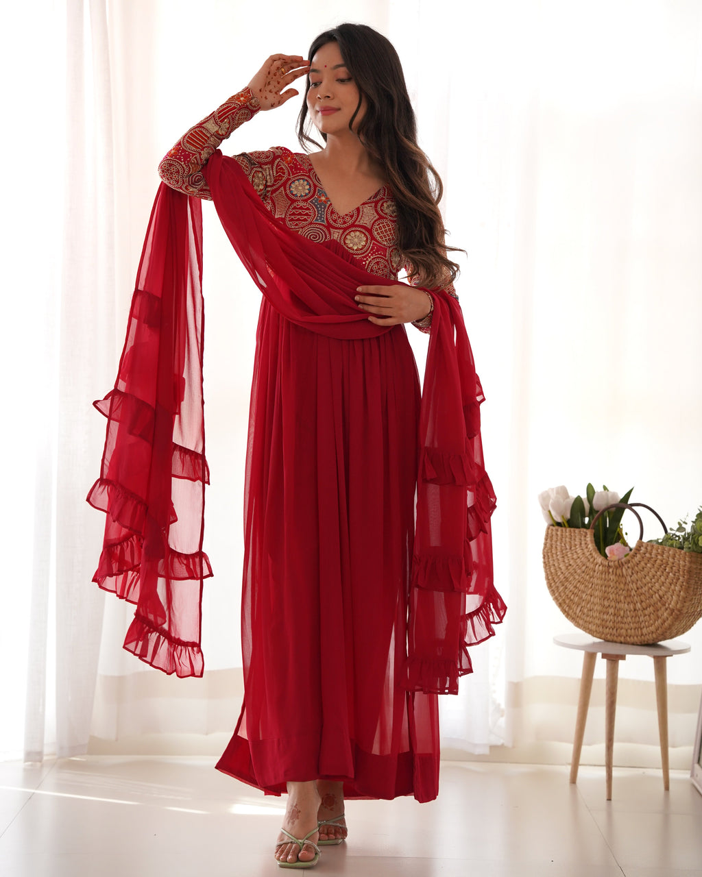 Classy Red Faux Georgette Sequins Dori Thread Zari Worked Anarkali Pant Suit - Ethnicwish