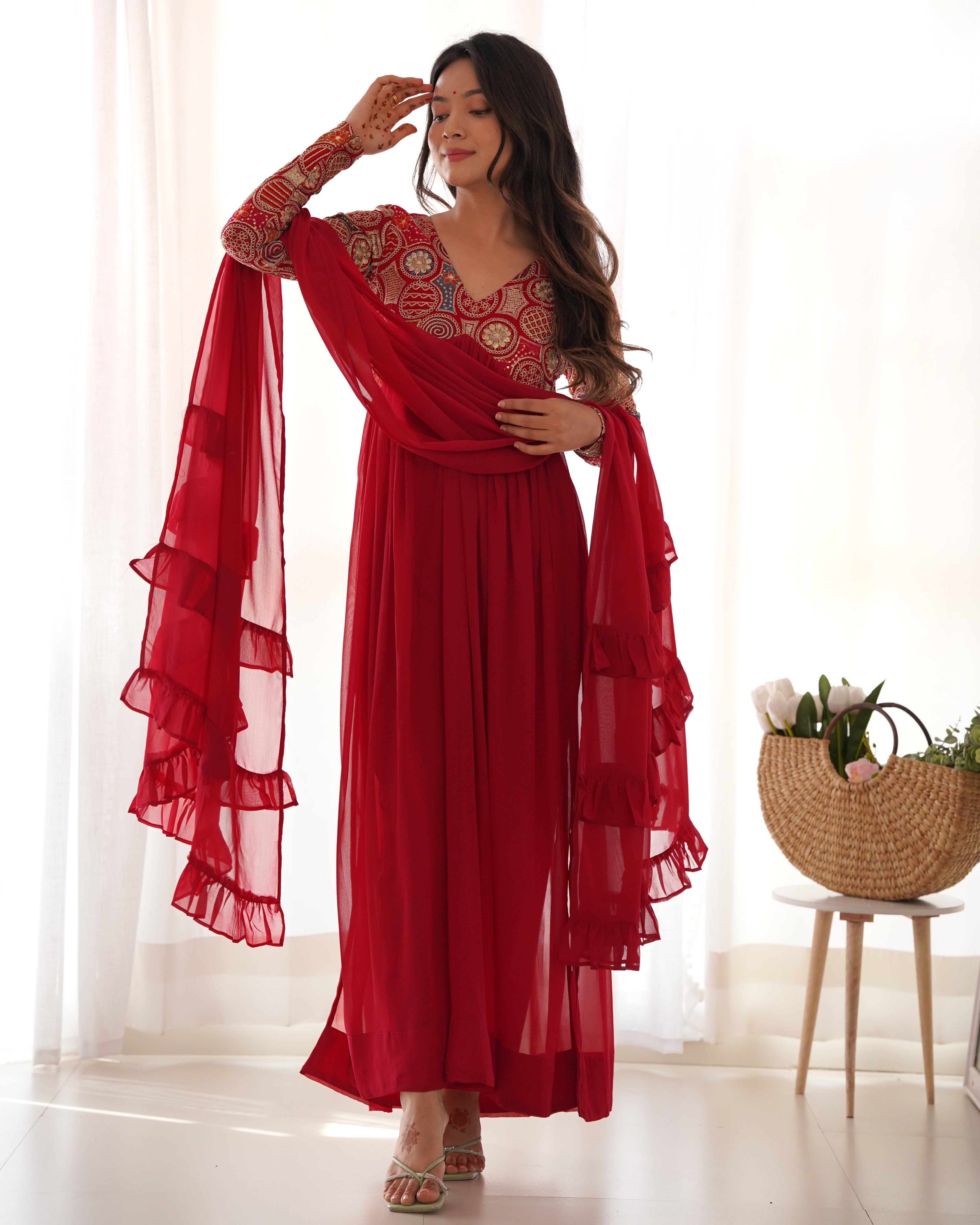 Classy Red Faux Georgette Sequins Dori Thread Zari Worked Anarkali Pant Suit - Ethnicwish