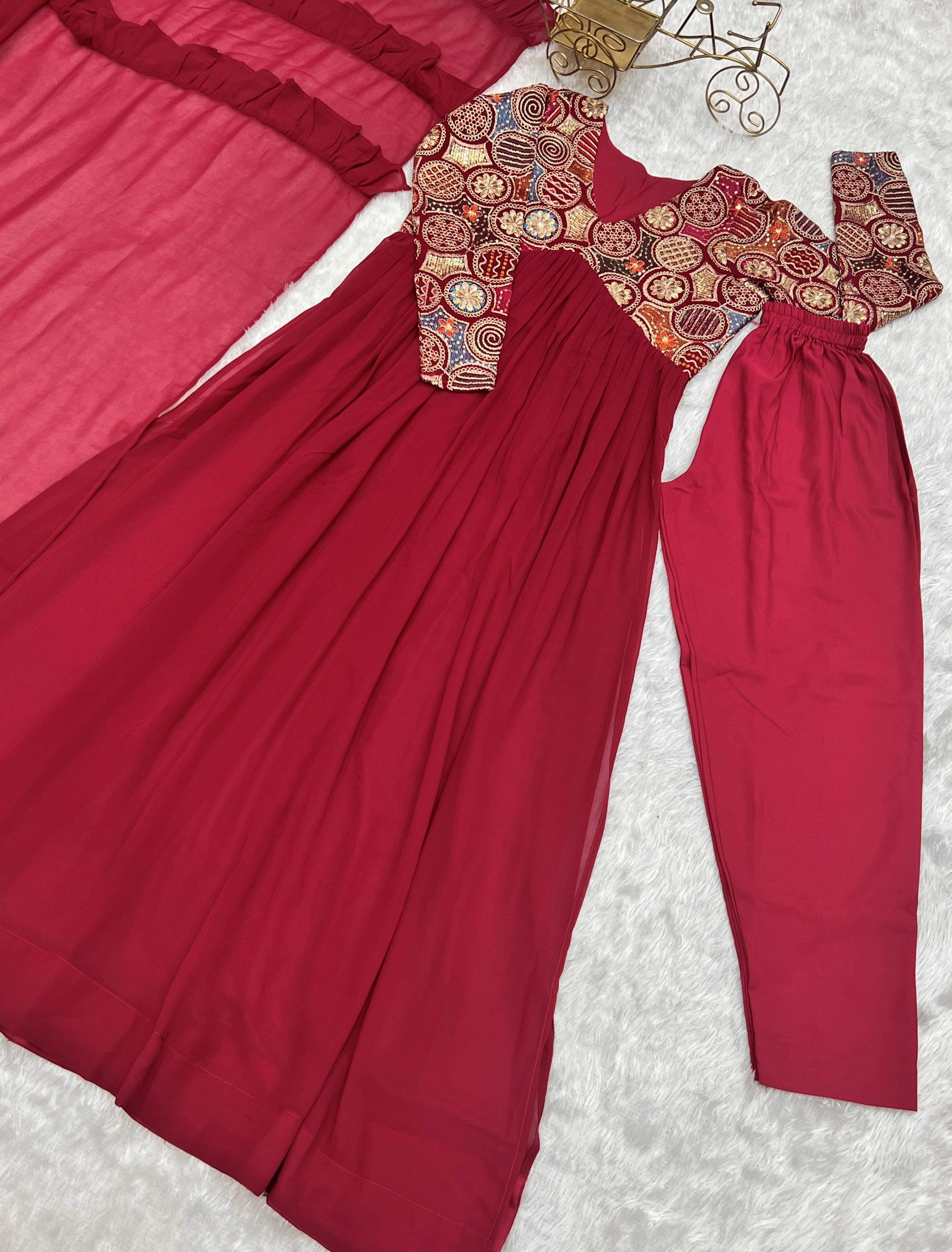 Classy Red Faux Georgette Sequins Dori Thread Zari Worked Anarkali Pant Suit - Ethnicwish