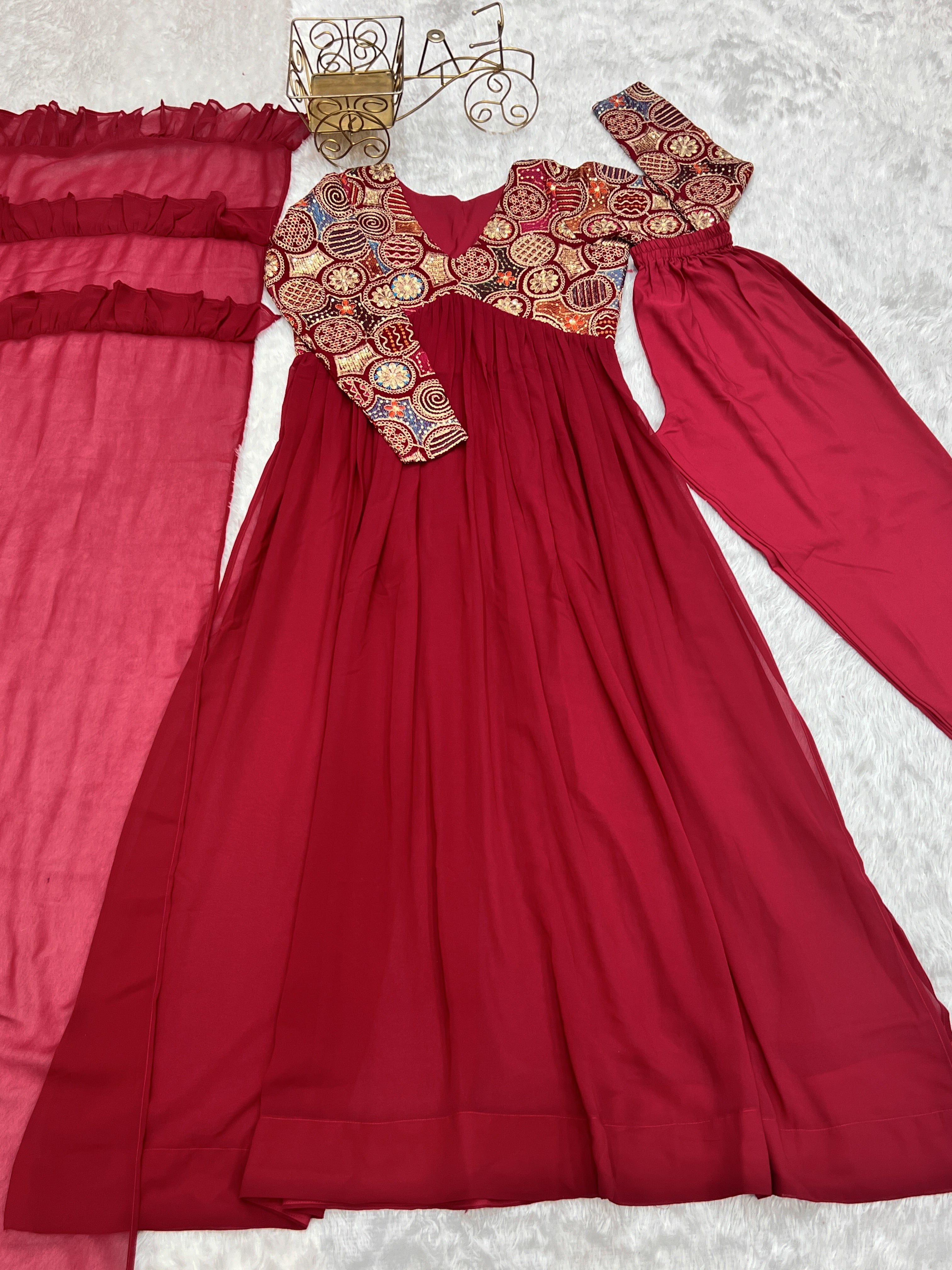 Classy Red Faux Georgette Sequins Dori Thread Zari Worked Anarkali Pant Suit - Ethnicwish