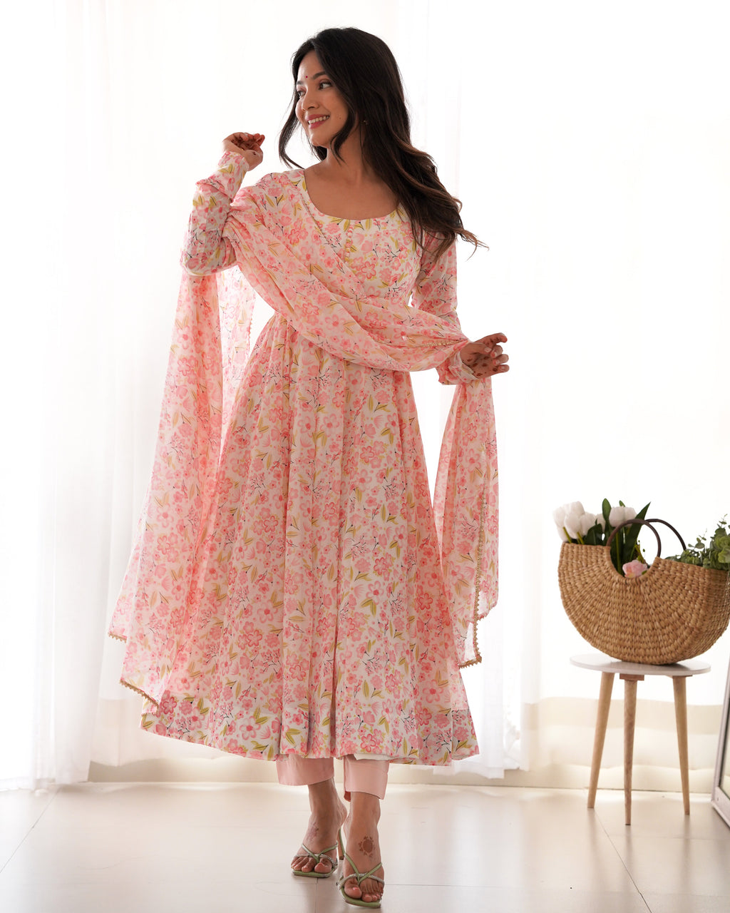 Elegant Orange Chiffon Floral Print Anarkali Set – Fully Stitched & Ready to Wear - ETHNICDEAL