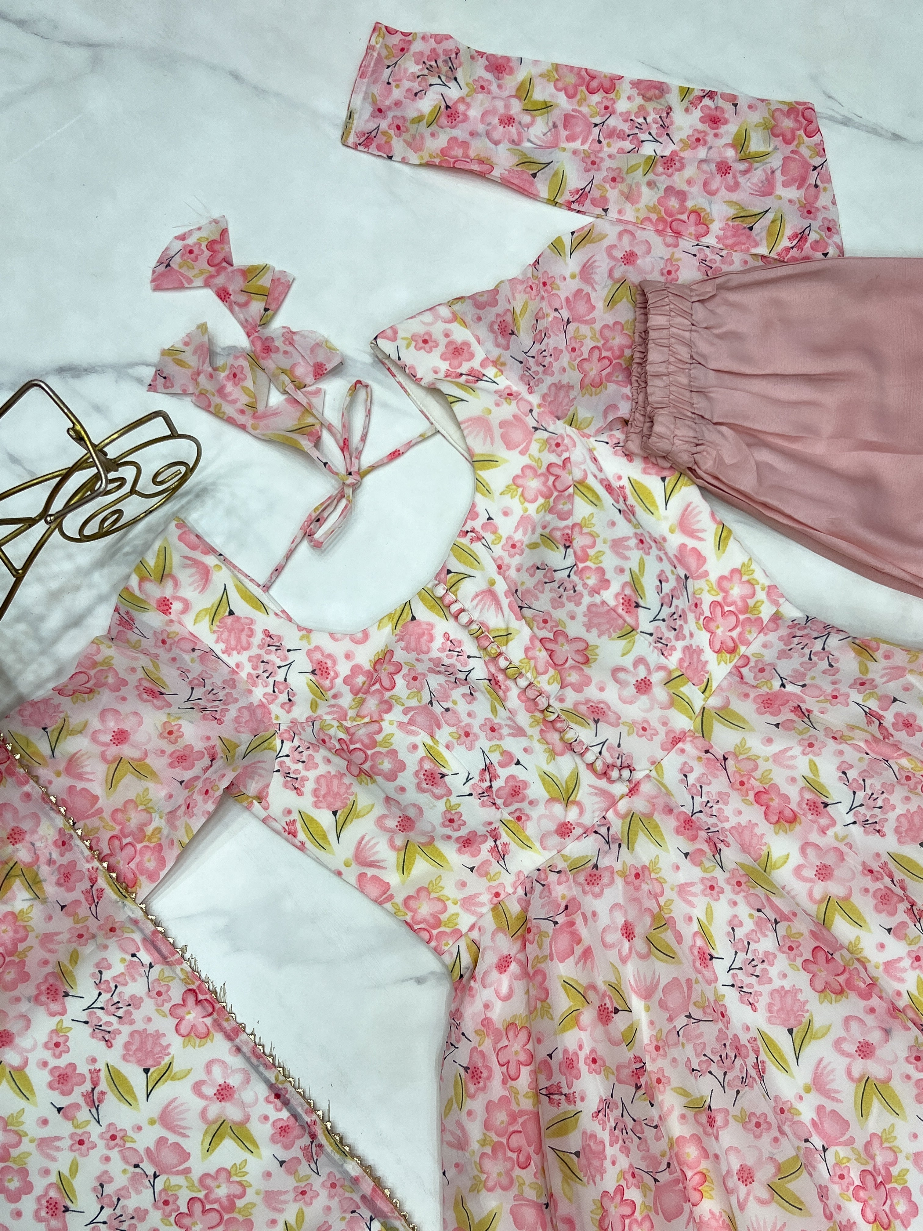 Elegant Orange Chiffon Floral Print Anarkali Set – Fully Stitched & Ready to Wear - ETHNICDEAL