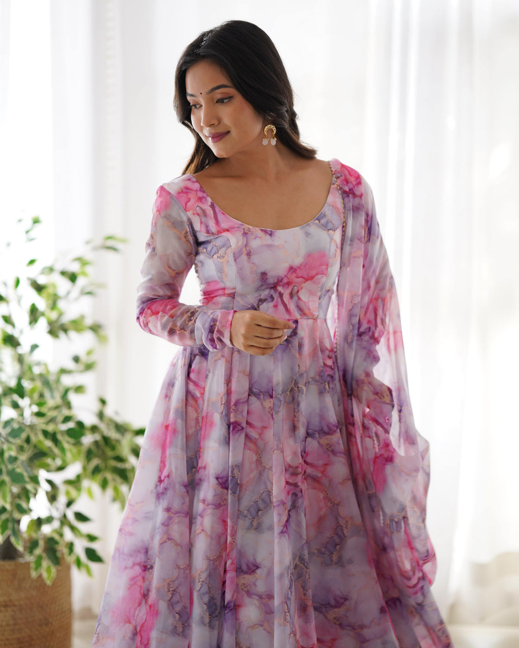 Graceful Organza Silk Floral Digital Printed Anarkali Pant Suit - Ethnicwish