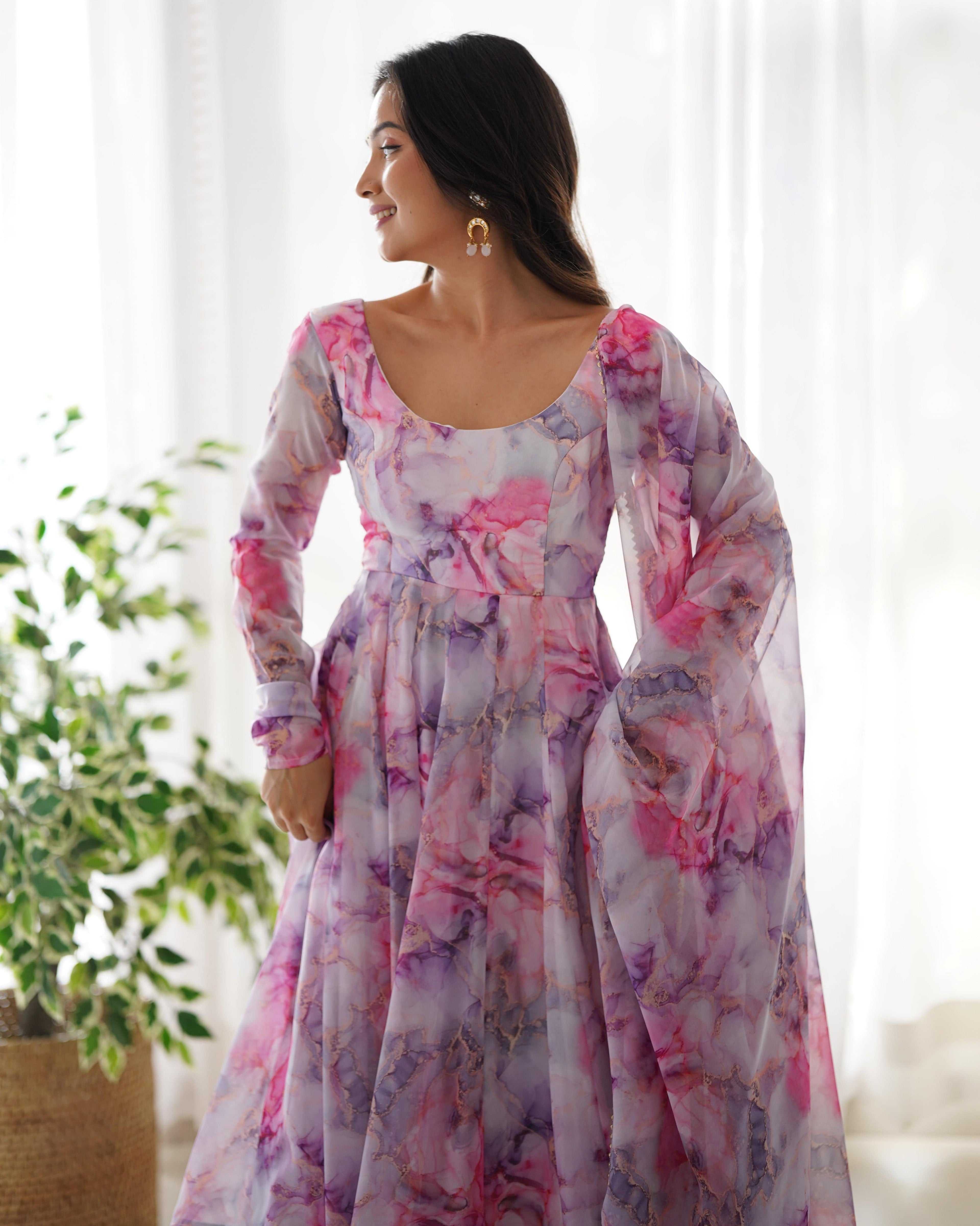 Graceful Organza Silk Floral Digital Printed Anarkali Pant Suit - Ethnicwish