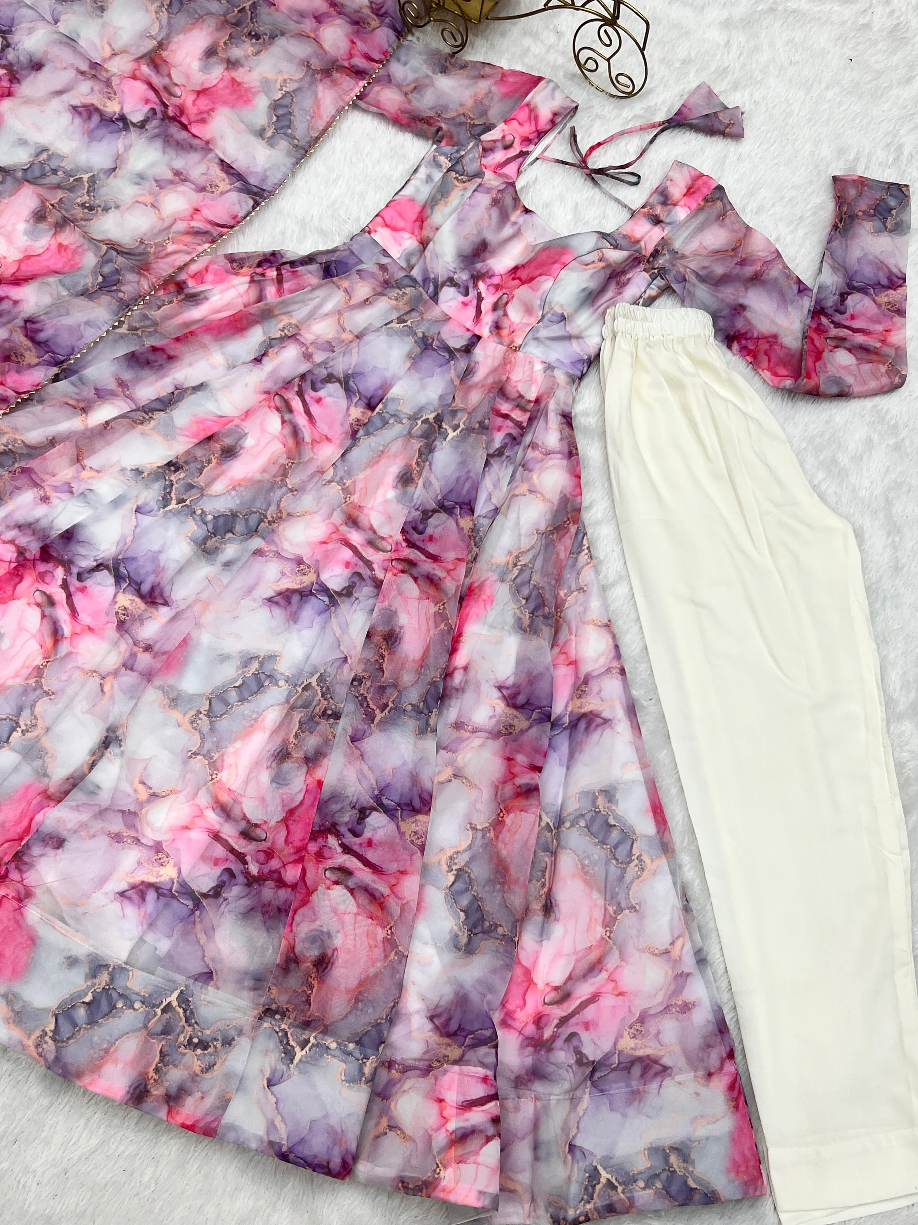Graceful Organza Silk Floral Digital Printed Anarkali Pant Suit - Ethnicwish