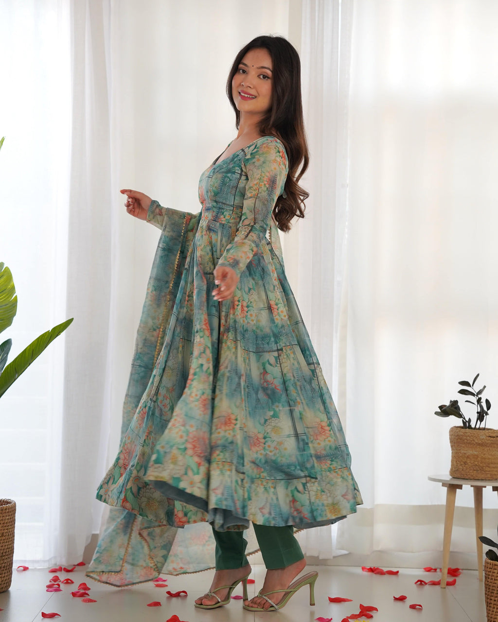 Graceful Organza Silk Intricate Printed Fully Stitched Anarkali Pant Suit - Ethnicwish
