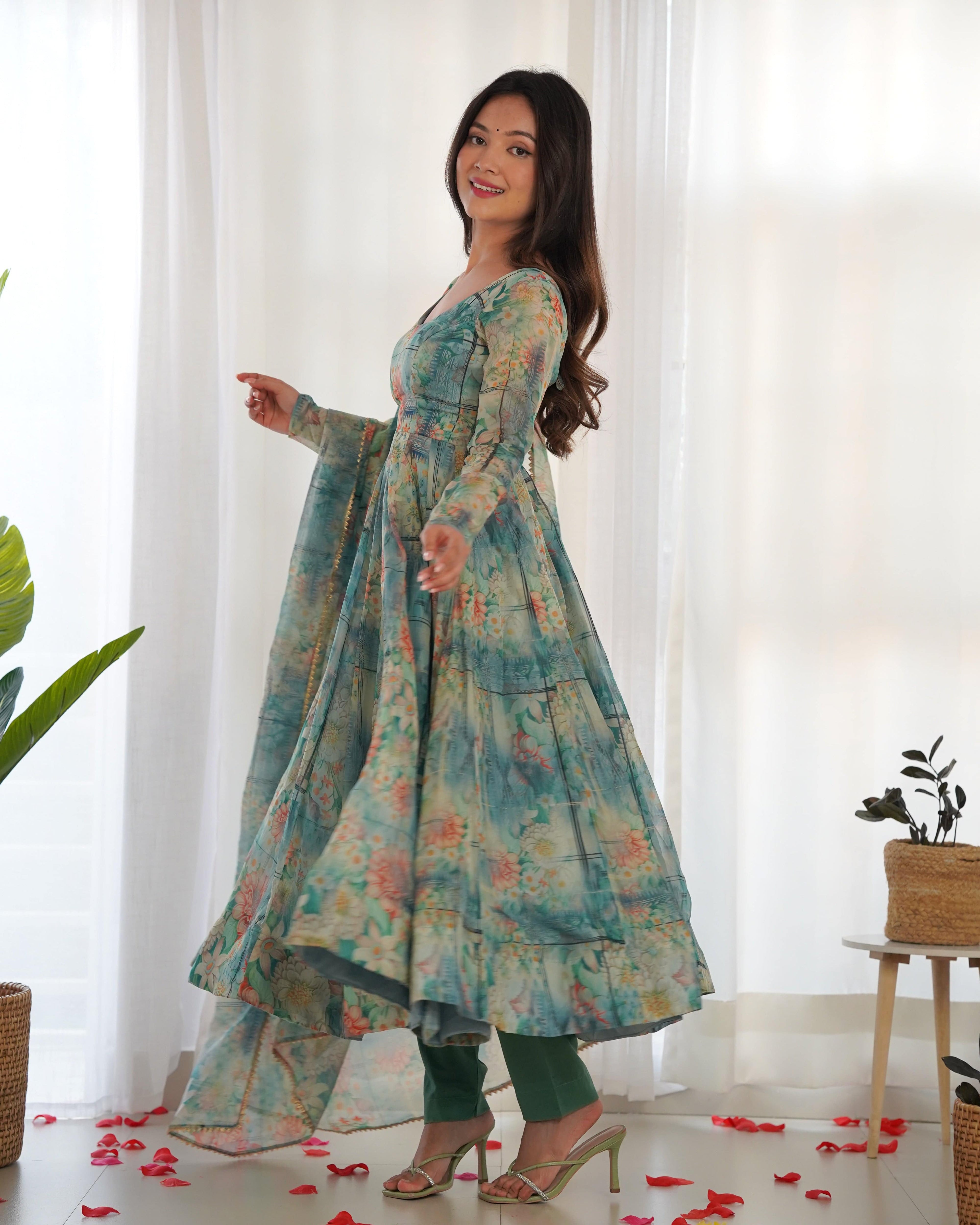 Graceful Organza Silk Intricate Printed Fully Stitched Anarkali Pant Suit - Ethnicwish
