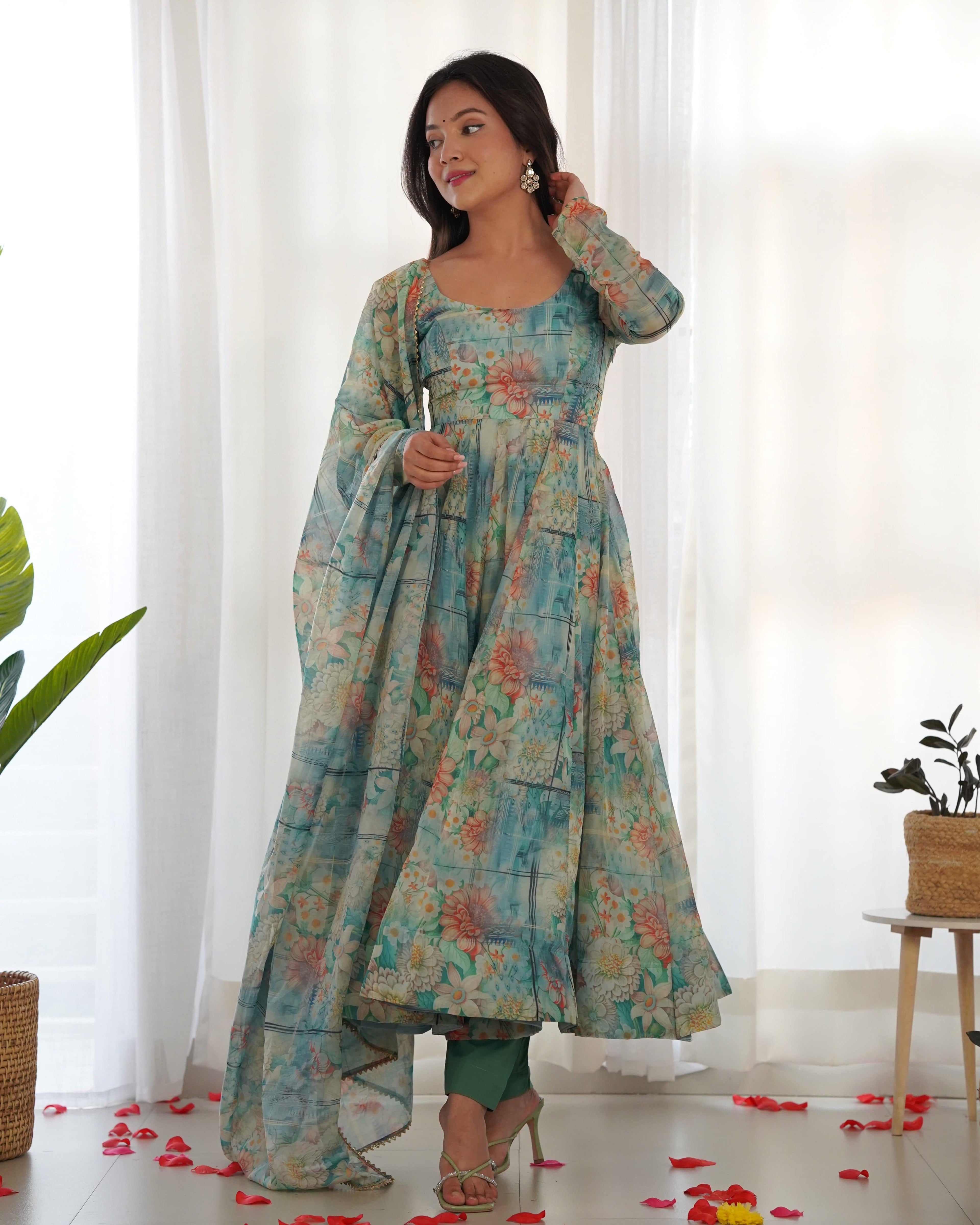 Graceful Organza Silk Intricate Printed Fully Stitched Anarkali Pant Suit - Ethnicwish
