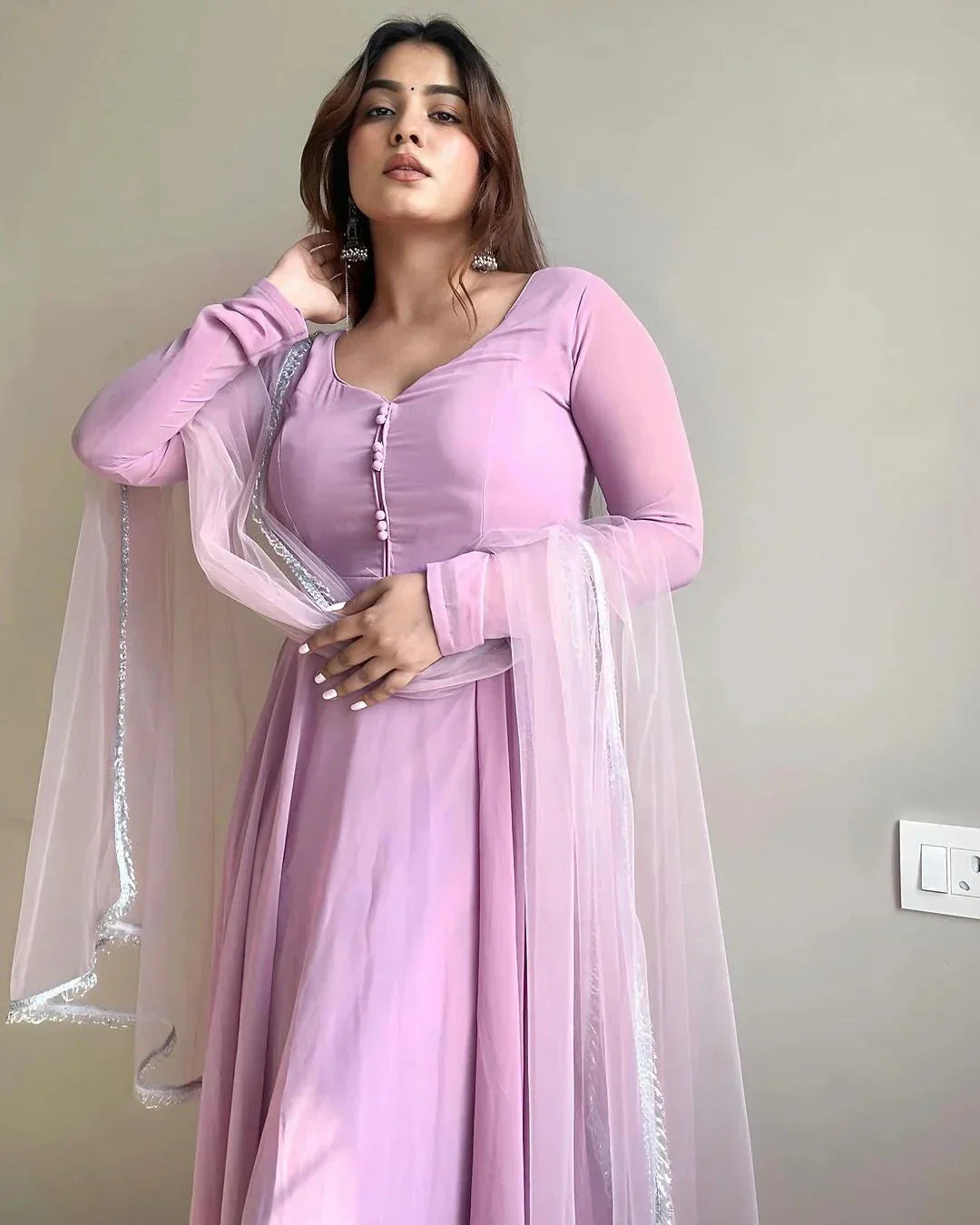 Lavender Faux Georgette Fully Stitched Anarkali Pant Suit - Ethnicwish