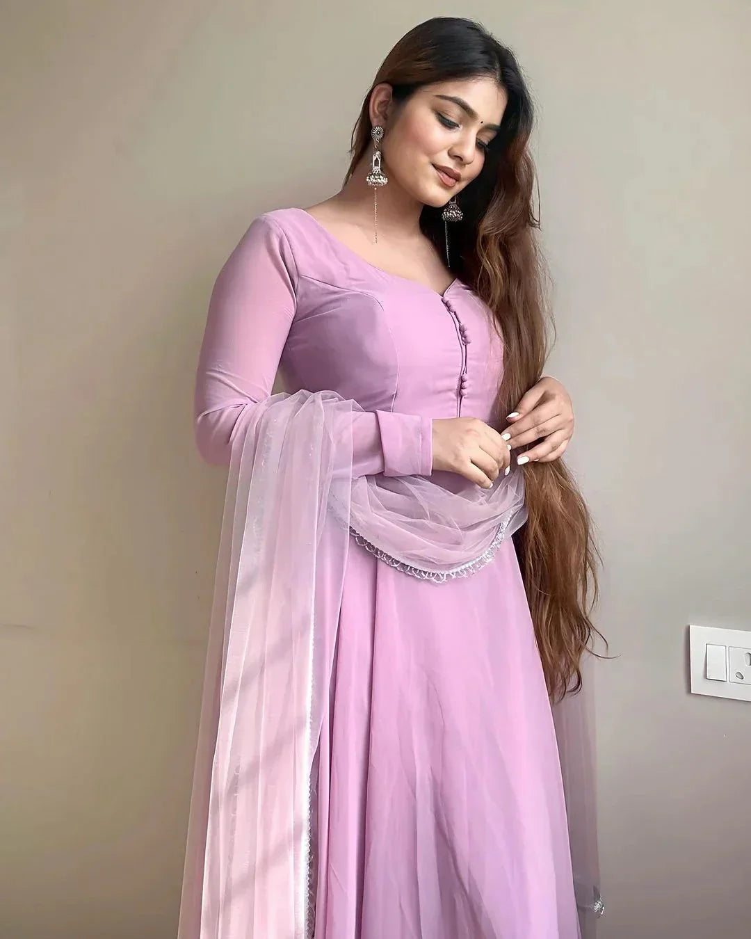 Lavender Faux Georgette Fully Stitched Anarkali Pant Suit - Ethnicwish