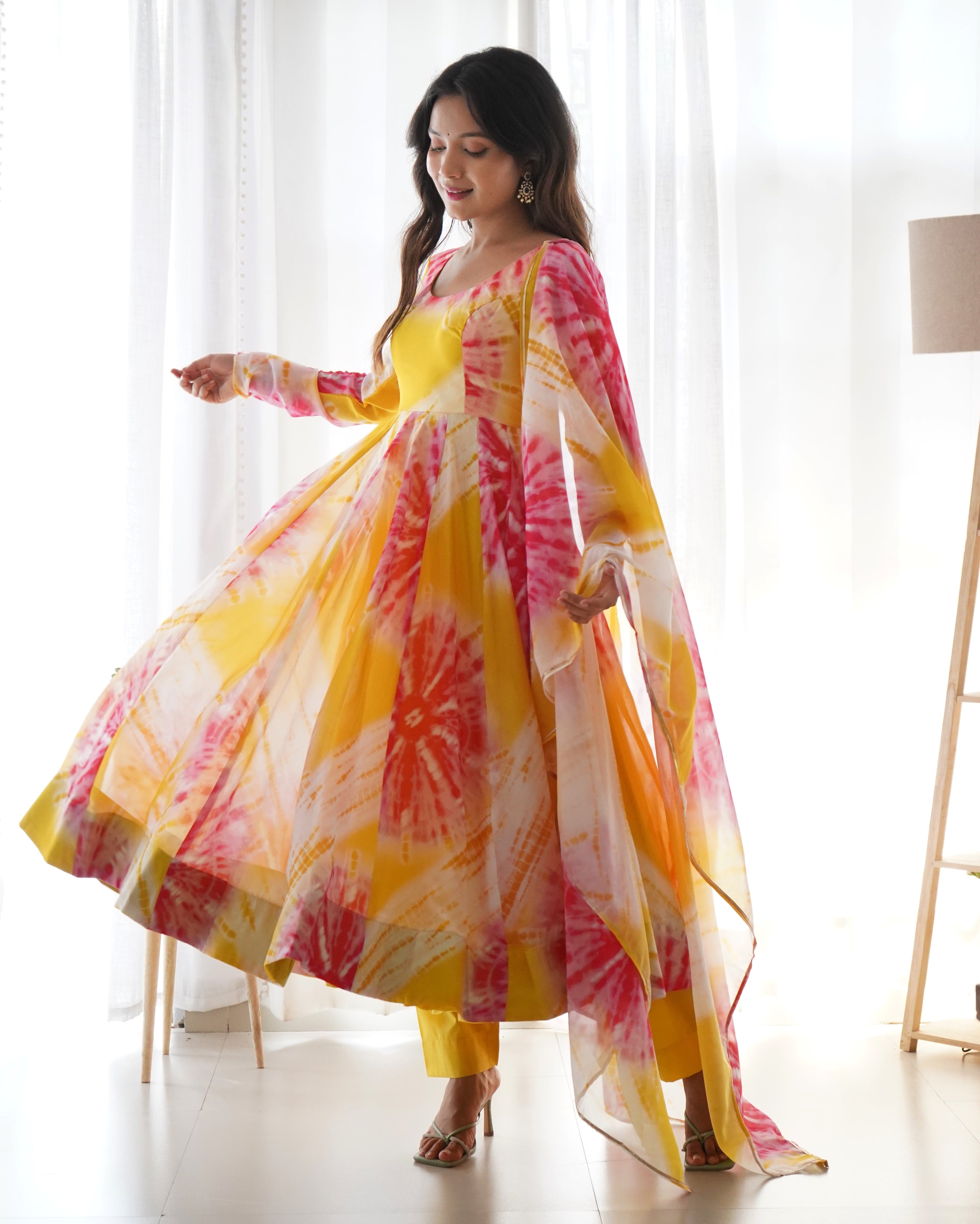 Luminous Yellow Floral Printed Fully Stitched Anarkali Pant Suit - Ethnicwish
