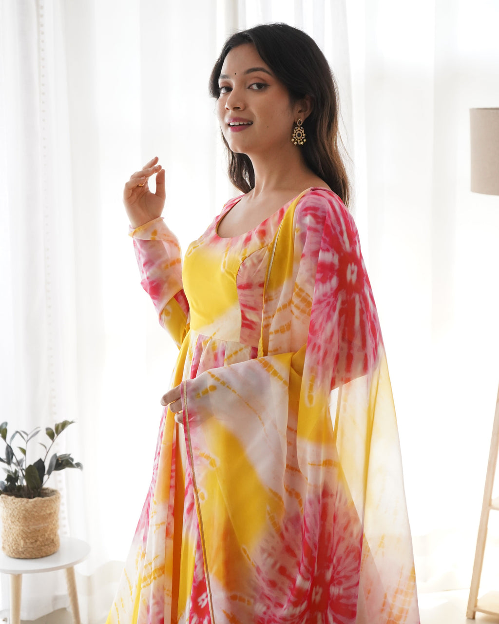 Luminous Yellow Floral Printed Fully Stitched Anarkali Pant Suit - Ethnicwish