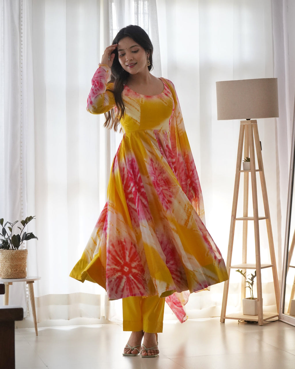 Luminous Yellow Floral Printed Fully Stitched Anarkali Pant Suit - Ethnicwish